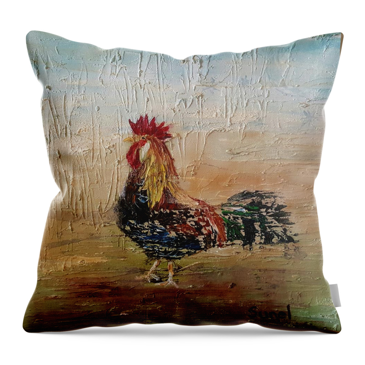 Chicken Throw Pillow featuring the painting Owning the farmyard by Sunel De Lange
