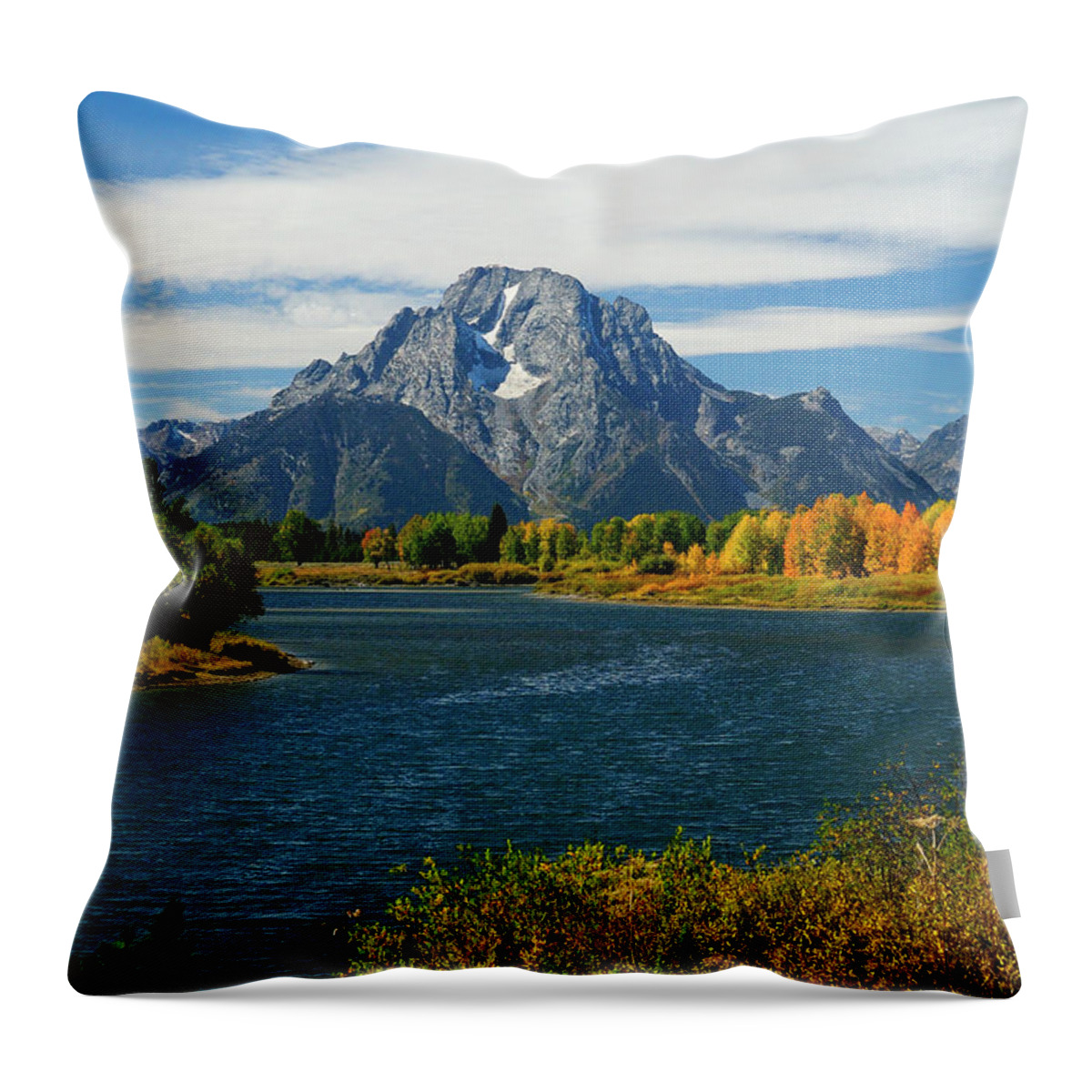 Mt. Moran Throw Pillow featuring the photograph Oxbow Bend In Autumn borderless by Greg Norrell