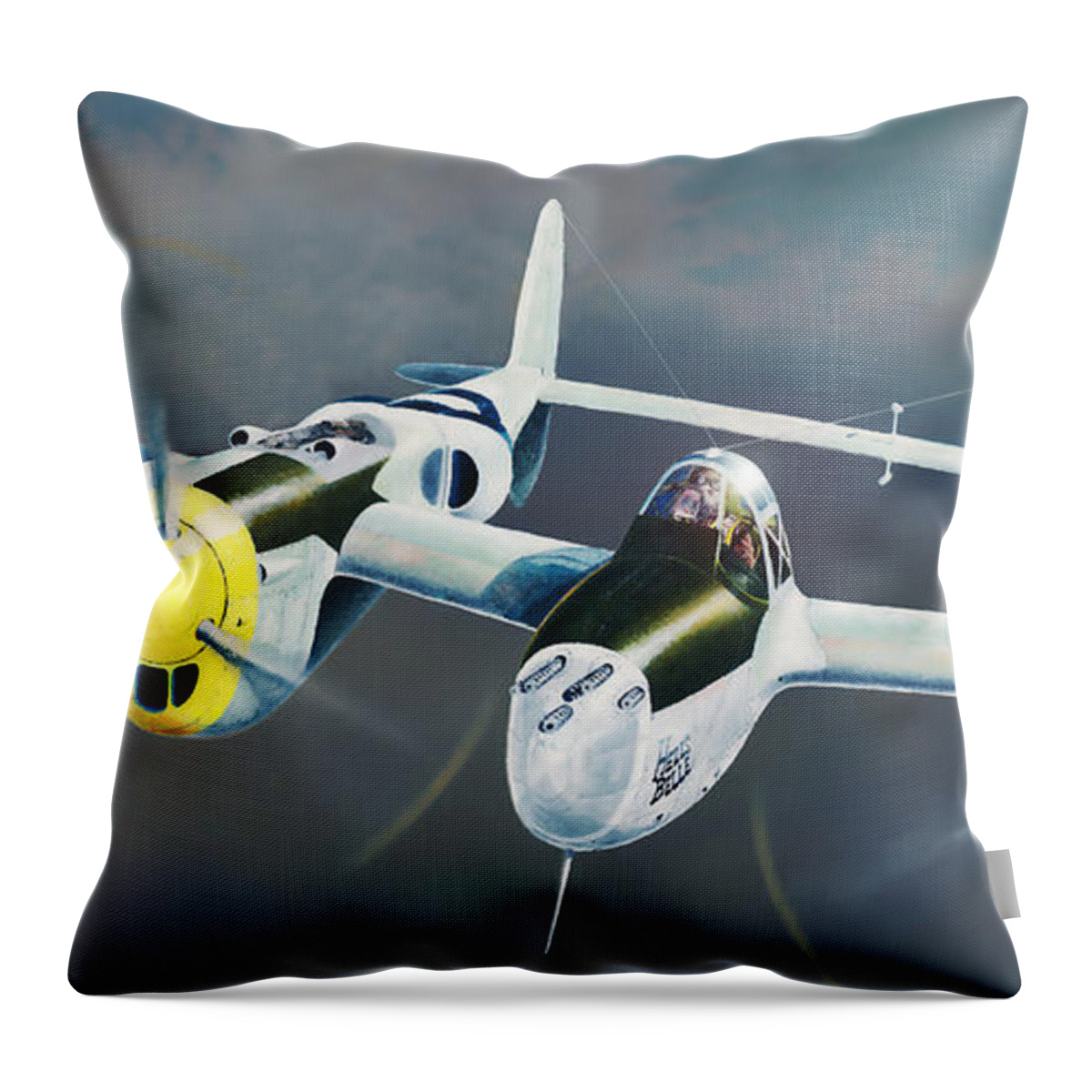 Military Throw Pillow featuring the painting P-38 On the Prowl by Douglas Castleman