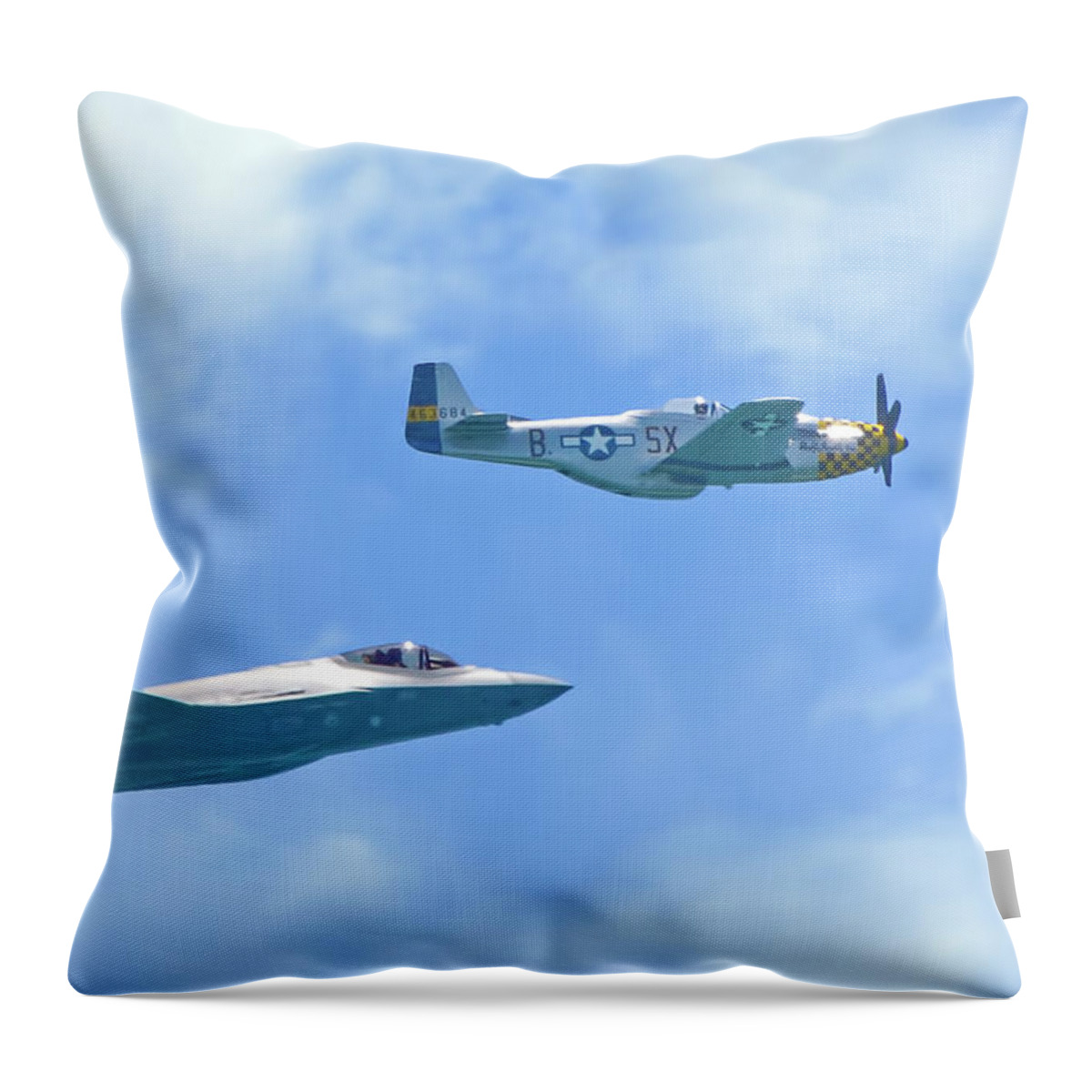 Air Force Throw Pillow featuring the photograph P-51 Mustang and F-35 Joint Strike Fighter by Mark Andrew Thomas