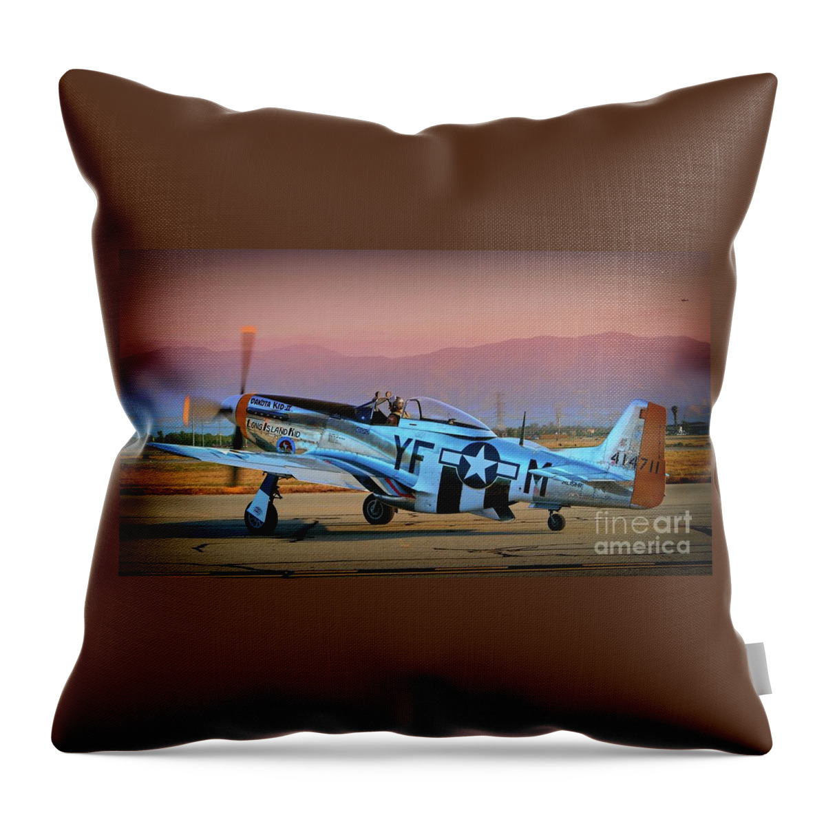 Transportation Throw Pillow featuring the photograph P-51D Mustang 'Dakota Kid II. The Long Island Kid' and Casey Odegaard by Gus McCrea