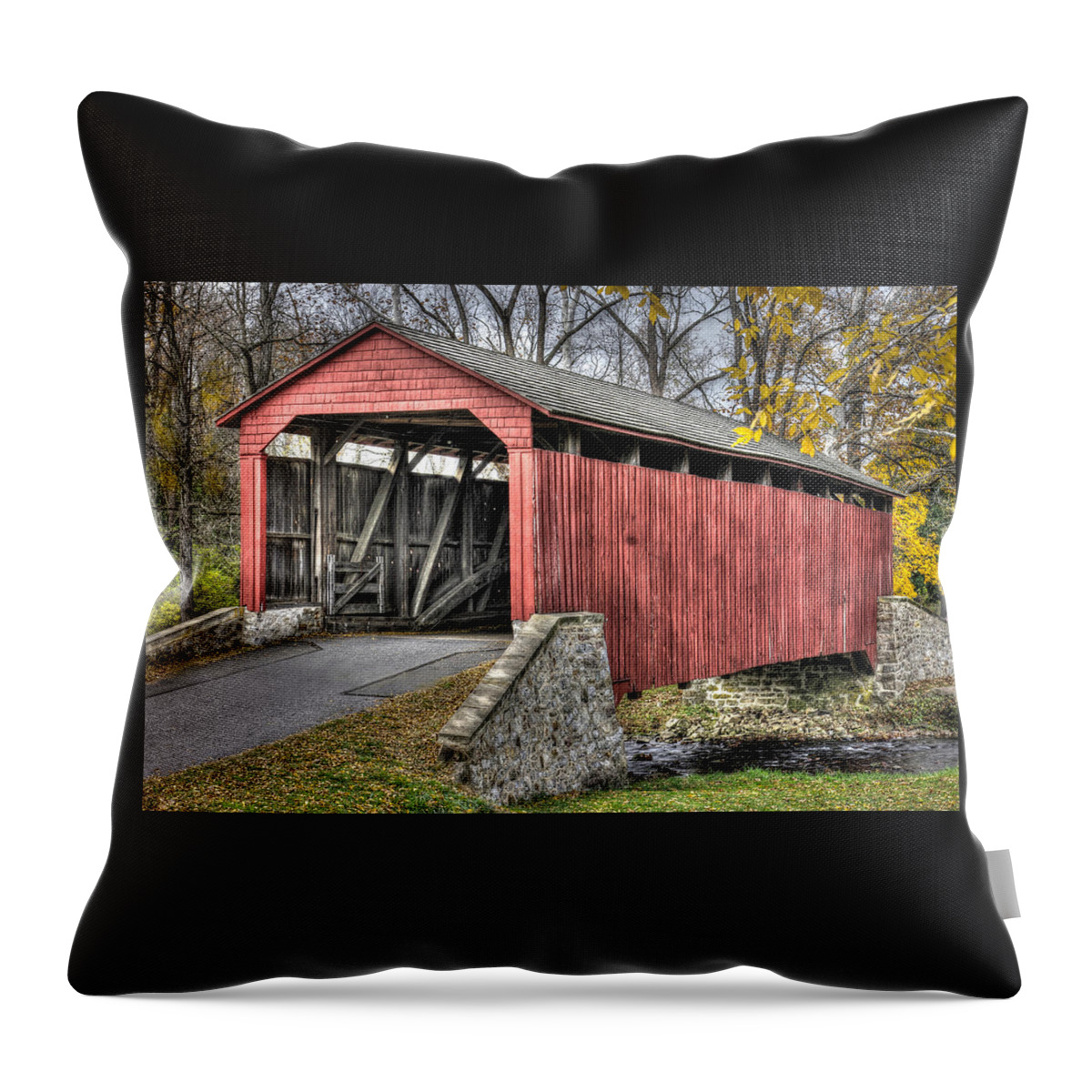 Poole Forge Covered Bridge Throw Pillow featuring the photograph PA Country Roads - Poole Forge Covered Bridge Over Conestoga Creek No. 3B-Alt - Lancaster by Michael Mazaika