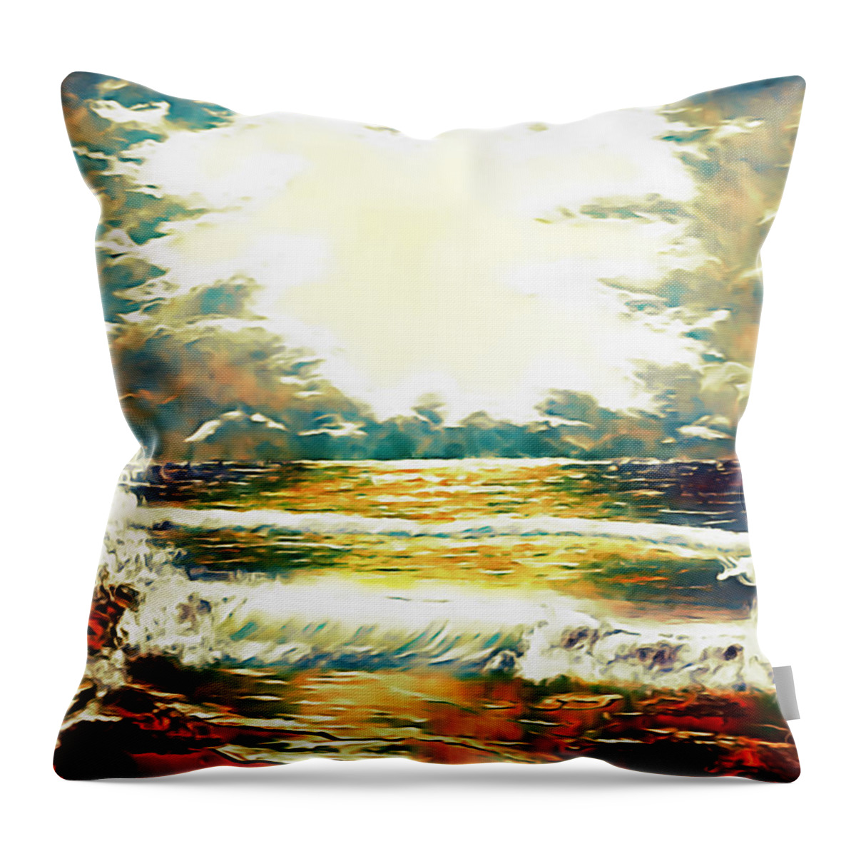 Sunset Throw Pillow featuring the painting Pacific Ocean Storm - Elegance With Oil by Claude Beaulac