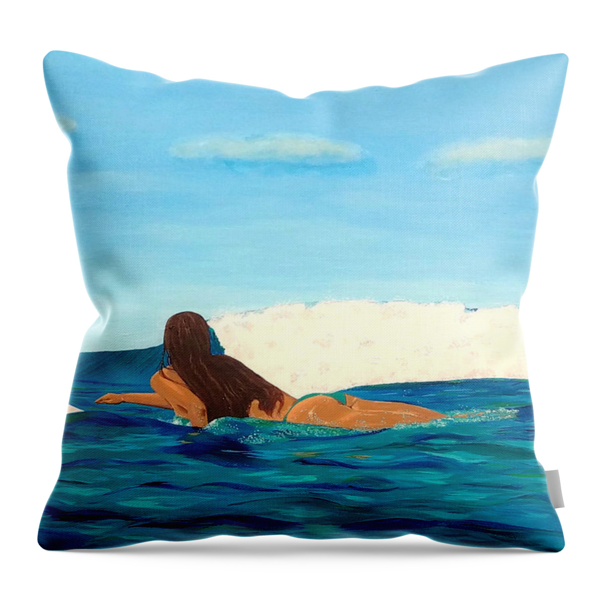 Surf Throw Pillow featuring the painting Paddle Out Surfer Girl by Jenn C Lindquist