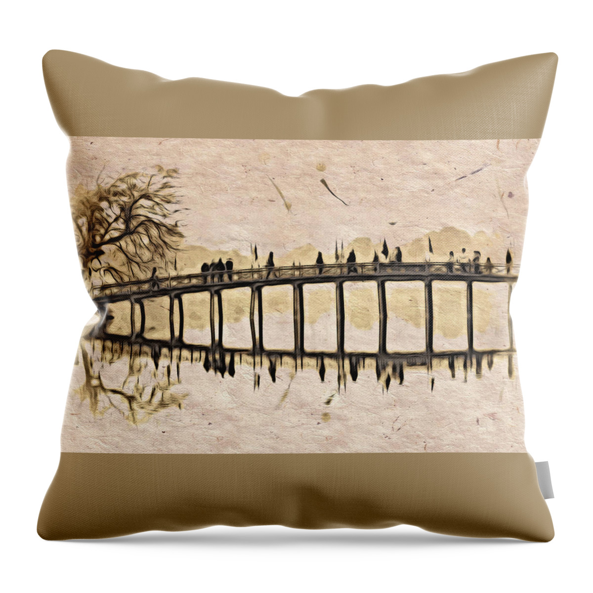 Asia Throw Pillow featuring the digital art Pagoda Bridge by Cameron Wood