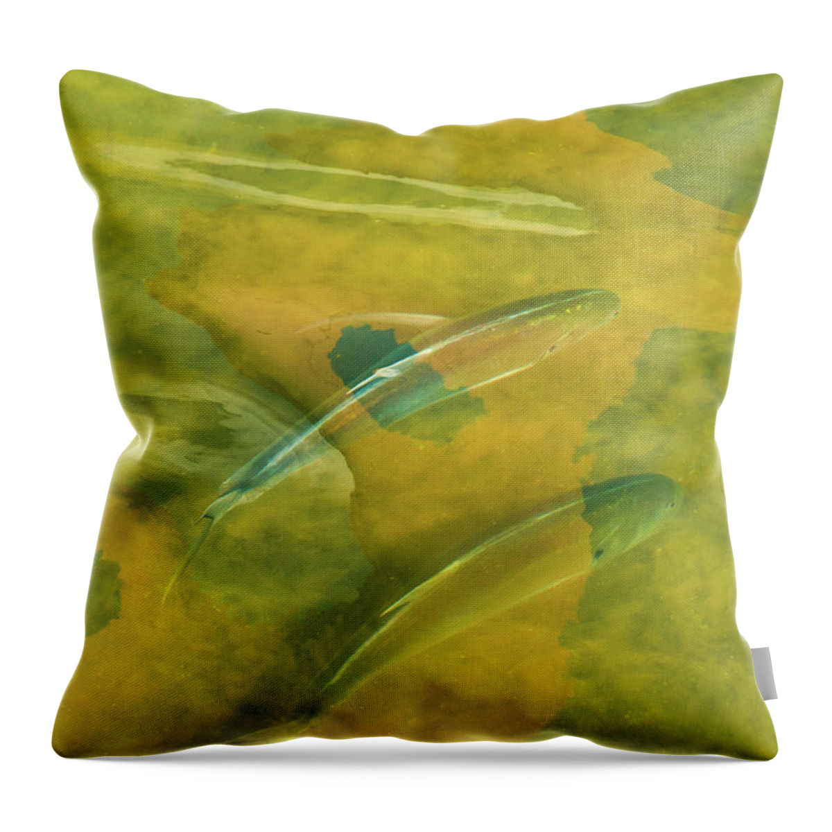 Fish Reflection Abstract Painterly Green-yellow Water Throw Pillow featuring the photograph Painterly Fish by Carolyn D'Alessandro