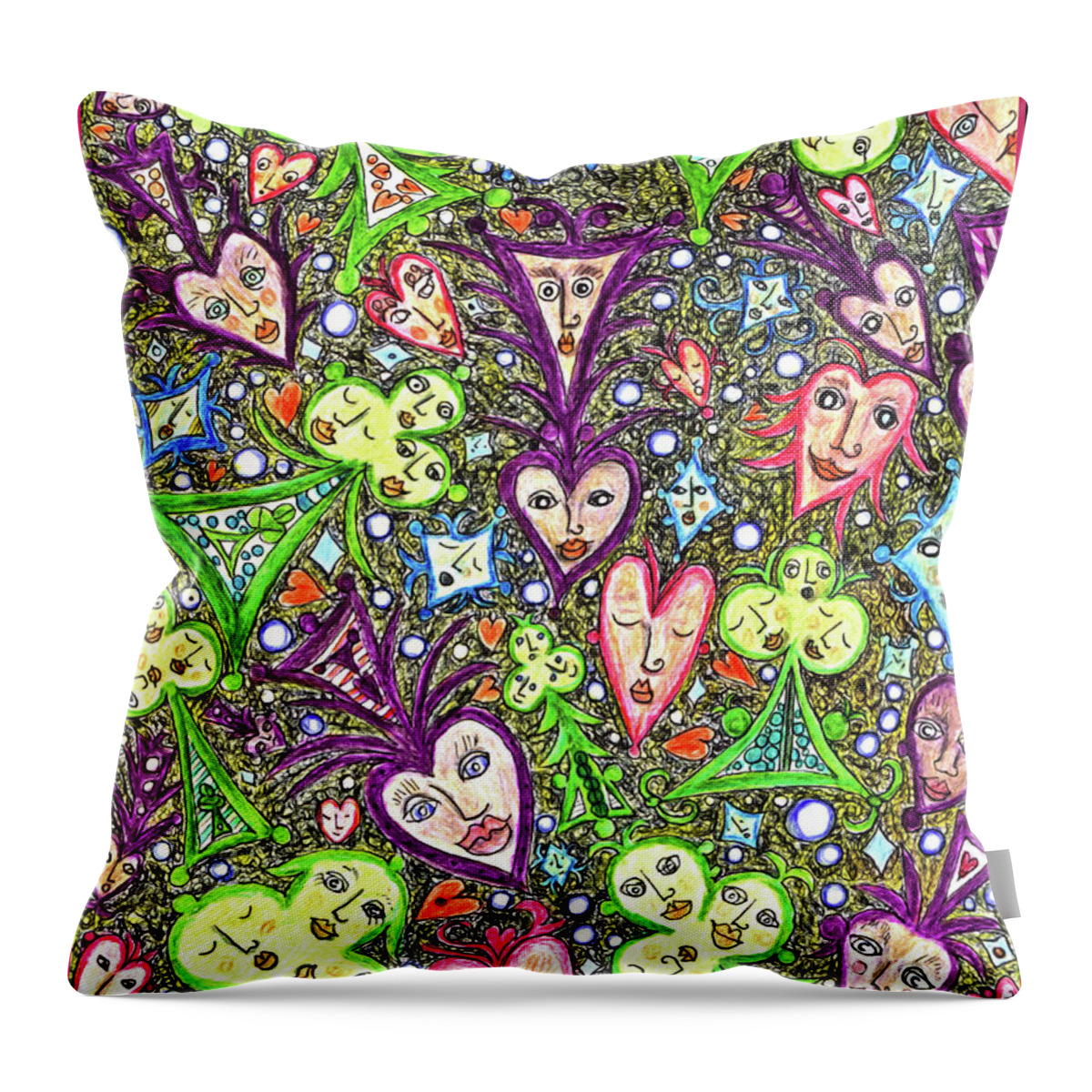 Lise Winne Throw Pillow featuring the painting Painting with Playing Card Symbols That Have Faces by Lise Winne