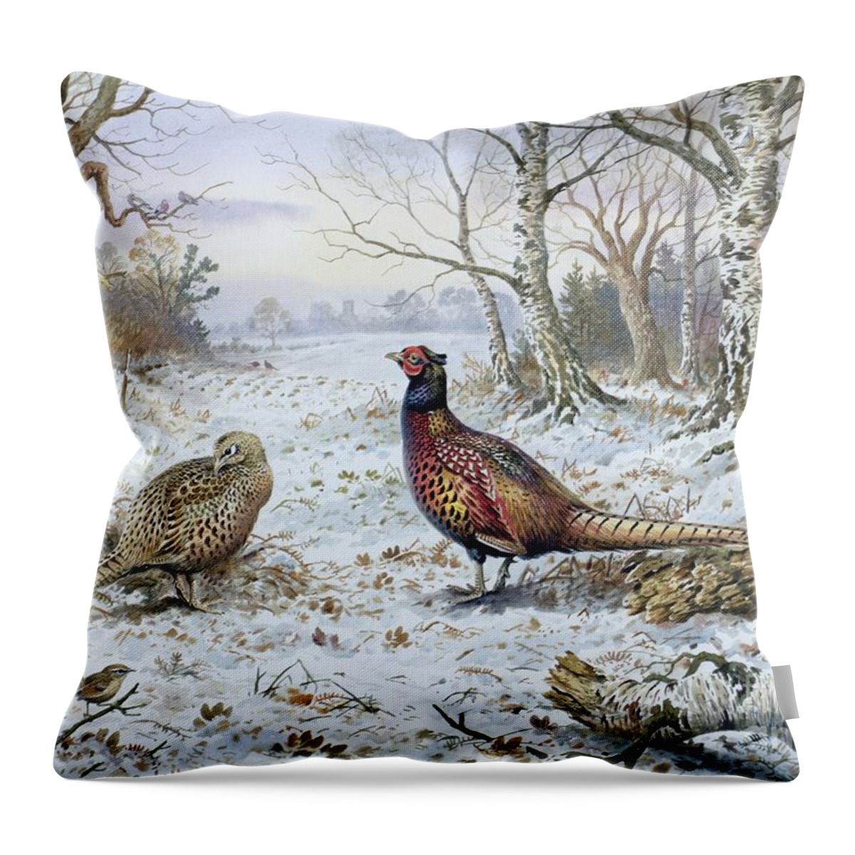 Game Bird; Snow; Woodland; Perdrix; Faisan; Troglodyte; Pheasant; Pheasants; Tree; Trees; Bird; Animals Throw Pillow featuring the painting Pair of Pheasants with a Wren by Carl Donner