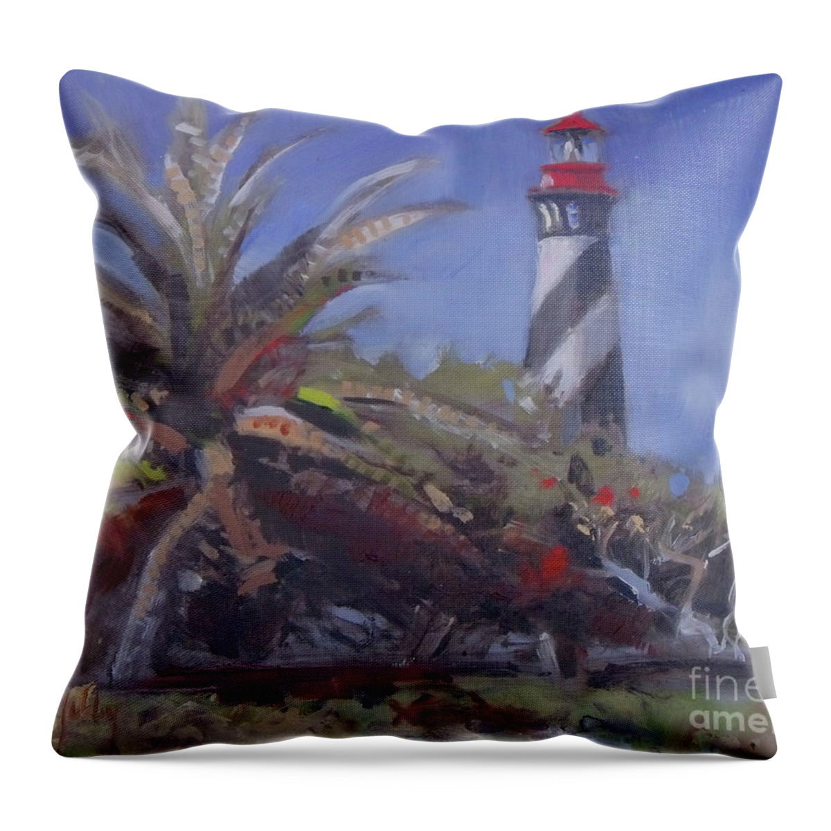 Lighthouse Throw Pillow featuring the painting Palm by the Lighthouse by Mary Hubley