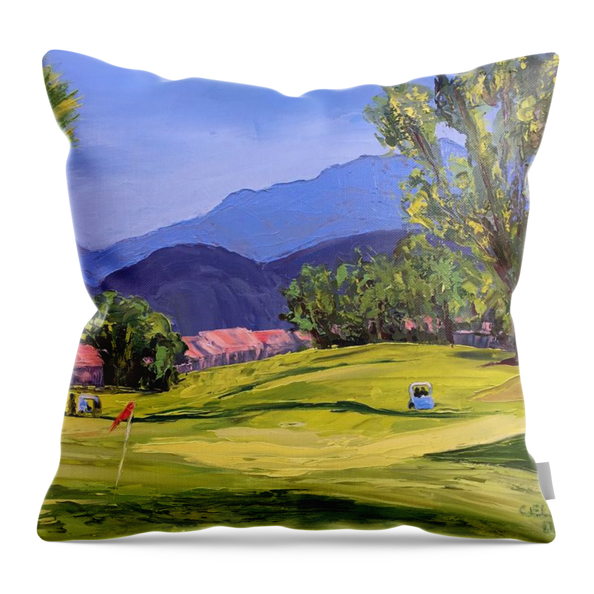Landscape Throw Pillow featuring the painting Palm Desert Morning Golfing by Celeste Drewien