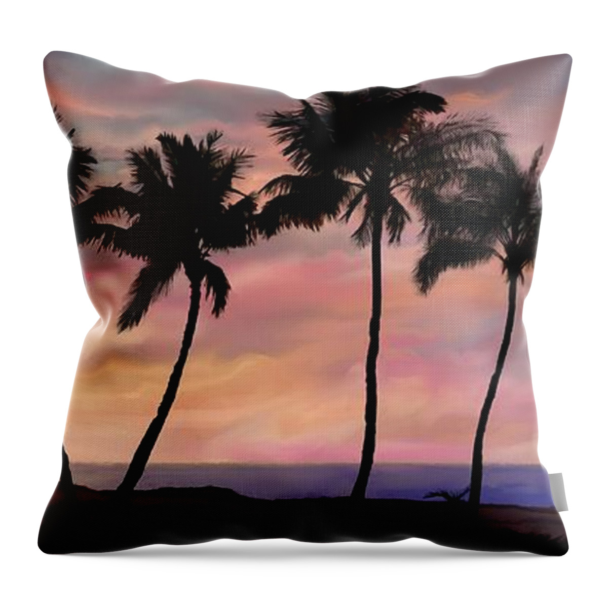 Hawaiian Sunset Throw Pillow featuring the painting Palm Tree Sunset with Canoe by Stephen Jorgensen