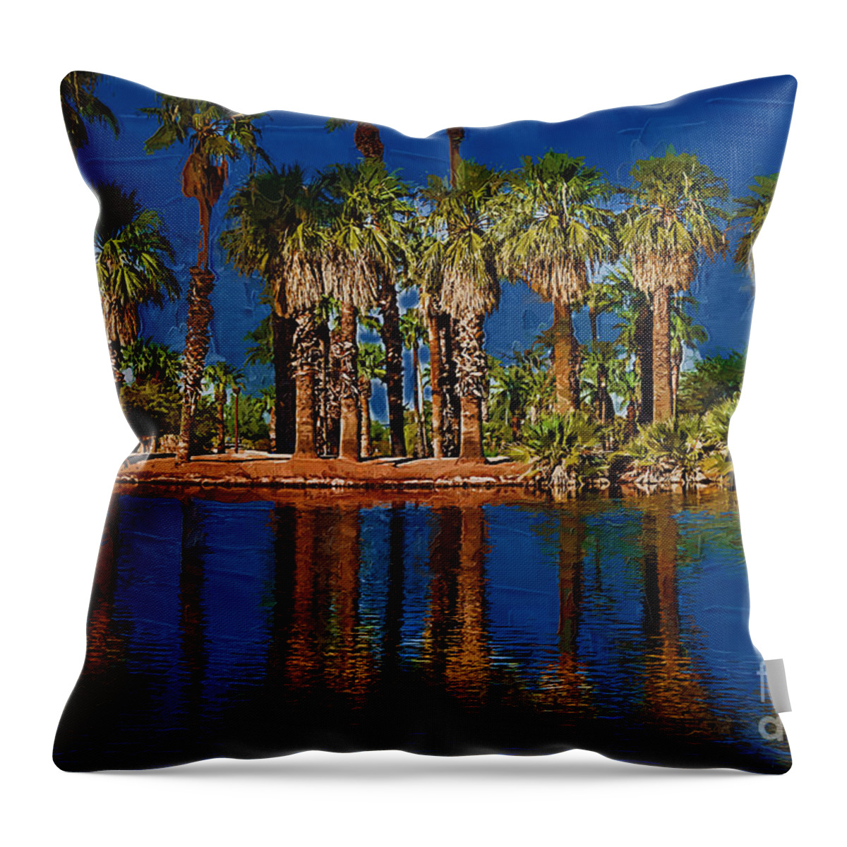 Papago-park Throw Pillow featuring the digital art Palm Trees On The Water by Kirt Tisdale