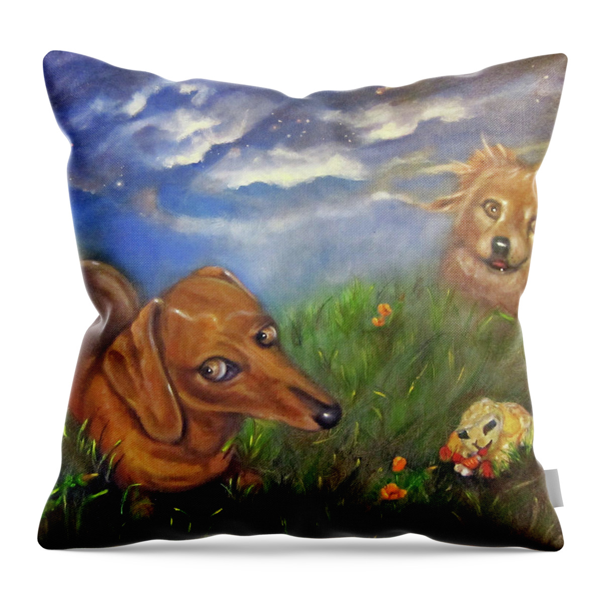 Dogs Throw Pillow featuring the painting Pals by Sherry Strong