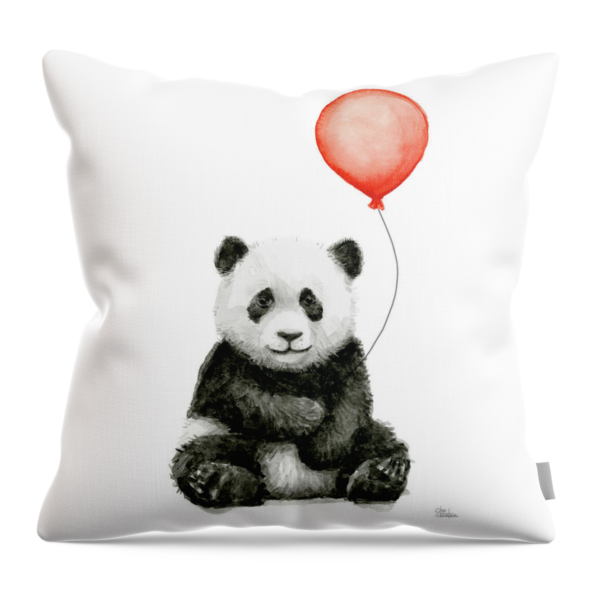 Baby Panda Throw Pillow featuring the painting Panda Baby and Red Balloon Nursery Animals Decor by Olga Shvartsur