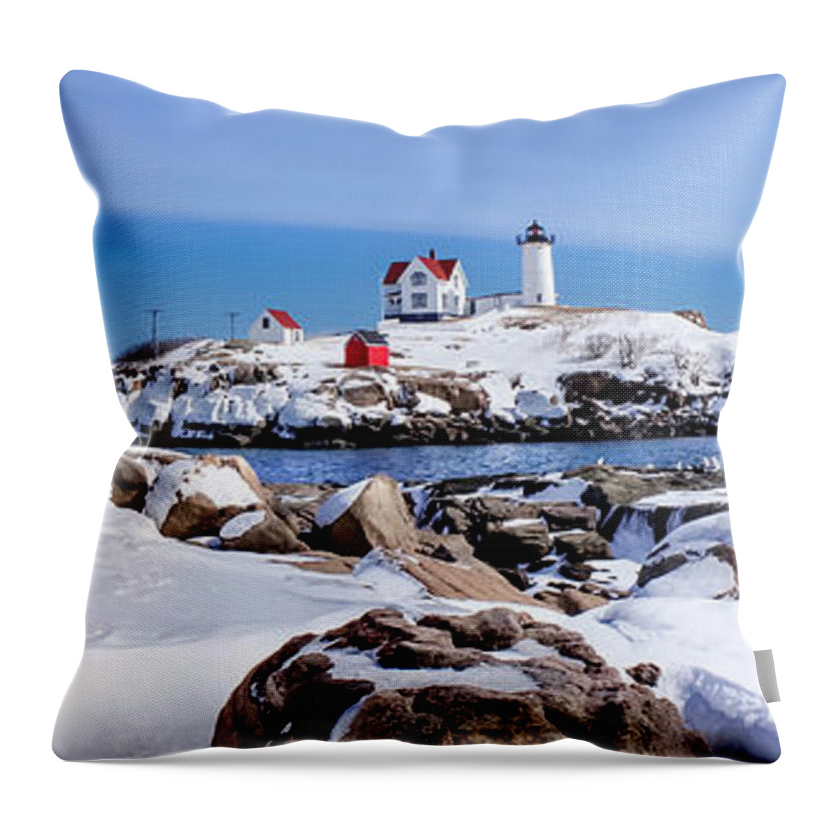 Lighthouse Throw Pillow featuring the photograph Pano Nubble by Greg Fortier