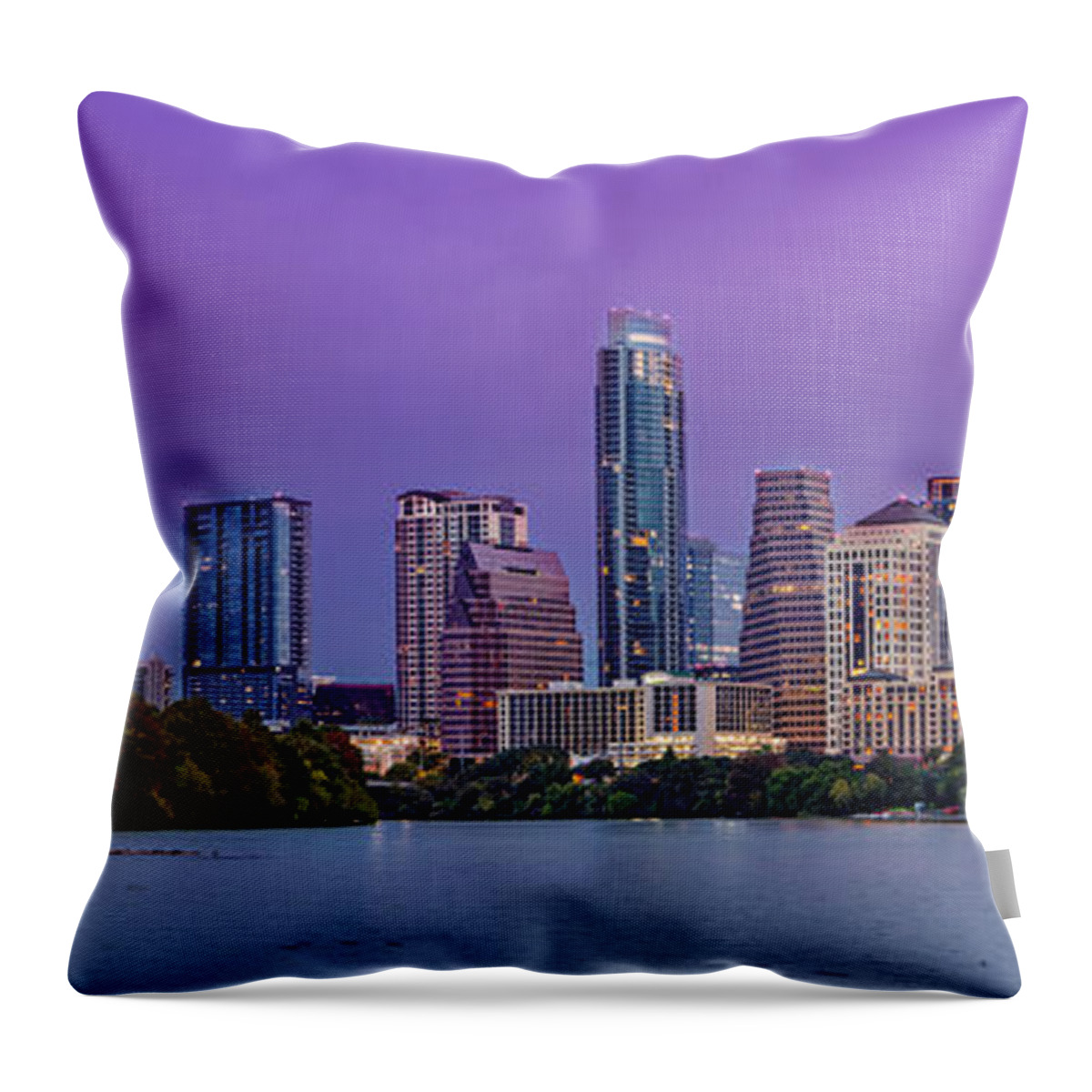 Austin Throw Pillow featuring the photograph Panorama of Downtown Austin Skyline from the Lady Bird Lake Boardwalk Trail - Texas Hill Country by Silvio Ligutti