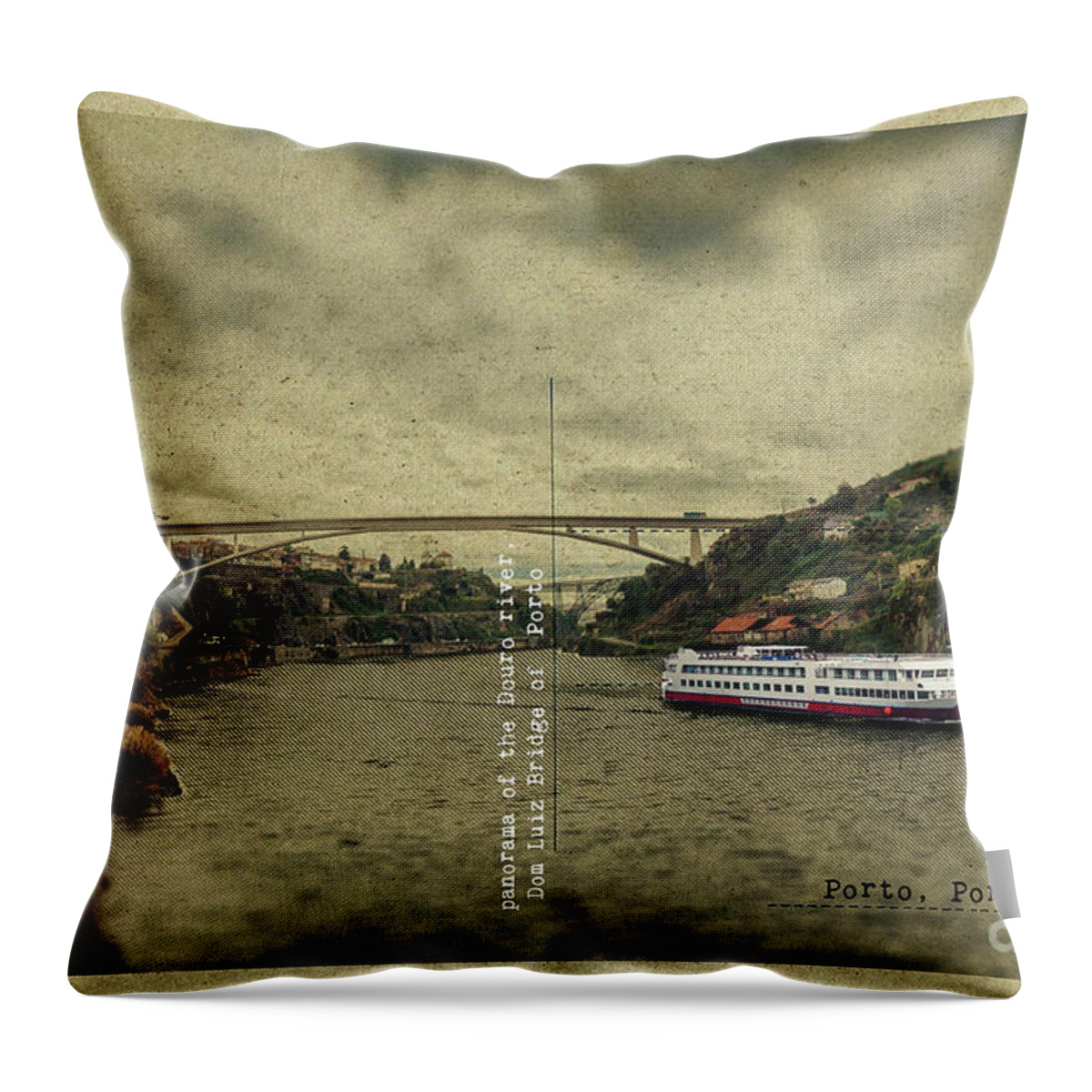 Postcard Throw Pillow featuring the digital art panorama of the Douro river, Dom Luiz Bridge of Porto, Portugal by Ariadna De Raadt