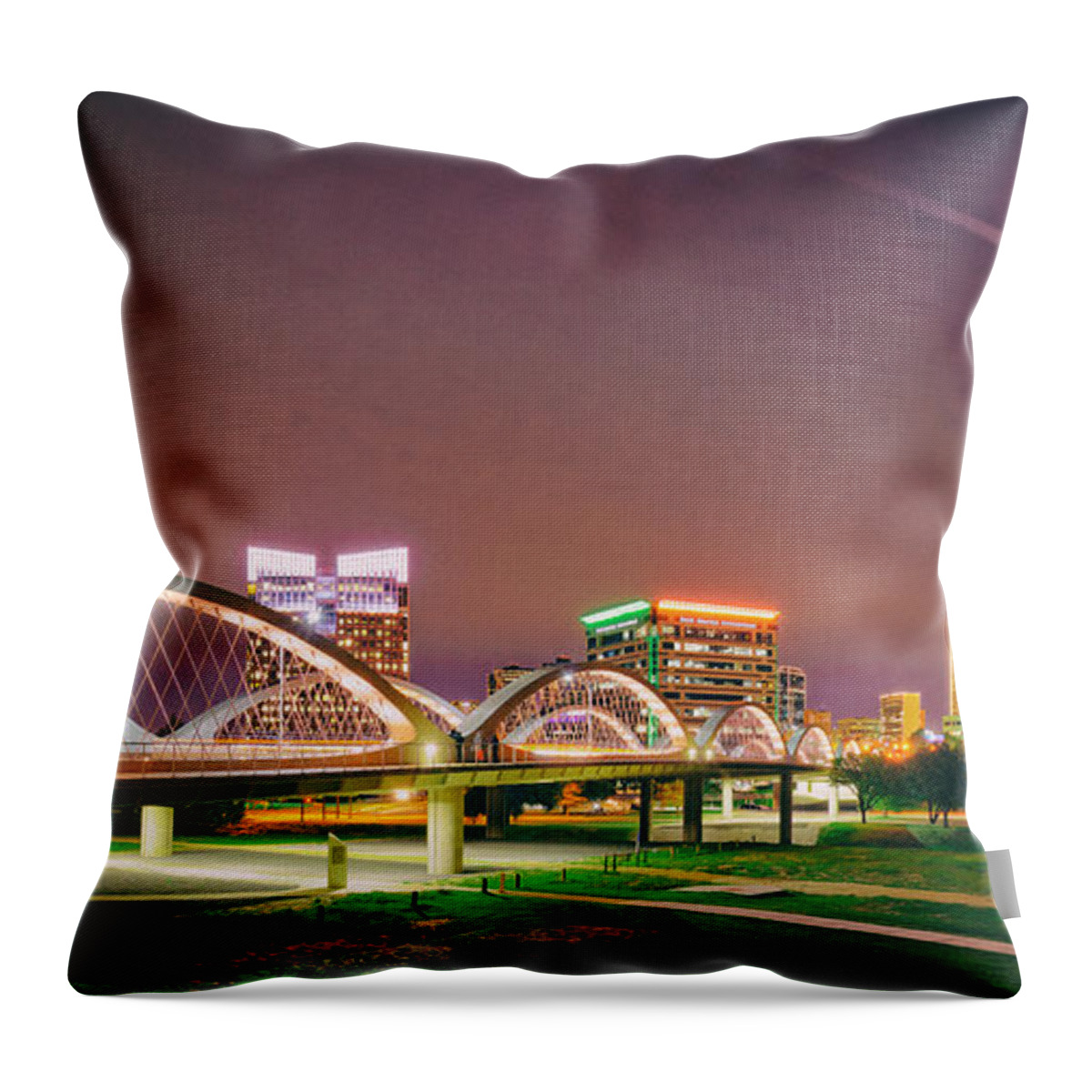 Vintage Throw Pillow featuring the photograph Panorama of the Seventh Street Bridge and Downtown Fort Worth with Full Moon Above - Trinity River by Silvio Ligutti