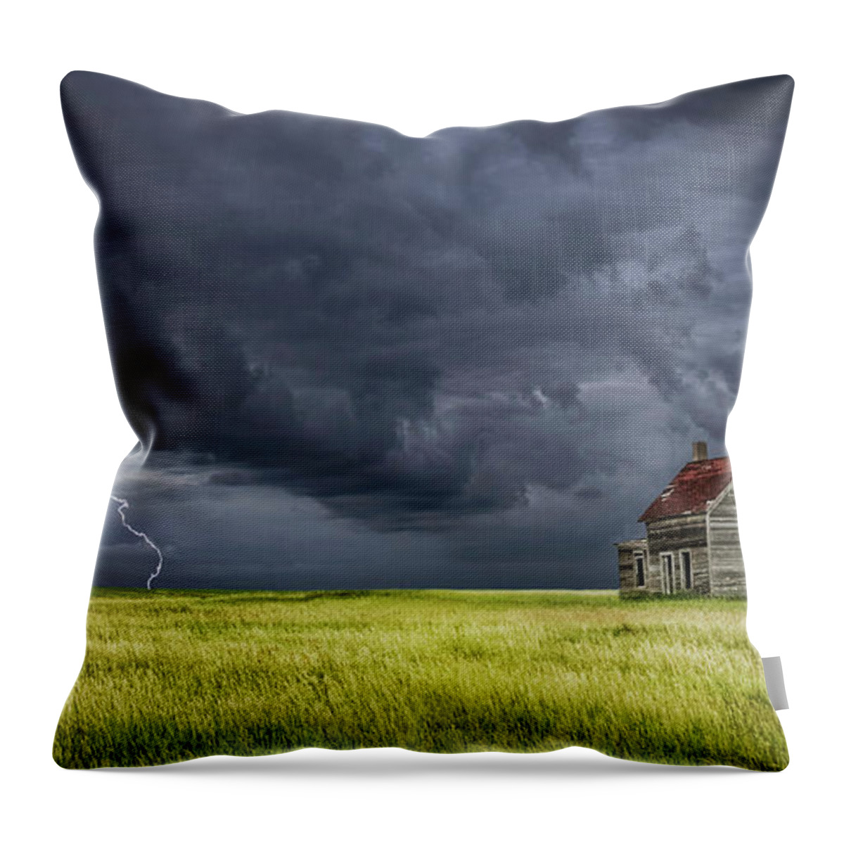 Art Throw Pillow featuring the photograph Panorama Photograph of a Thunderstorm on the Prairie with abandoned farmhouse by Randall Nyhof