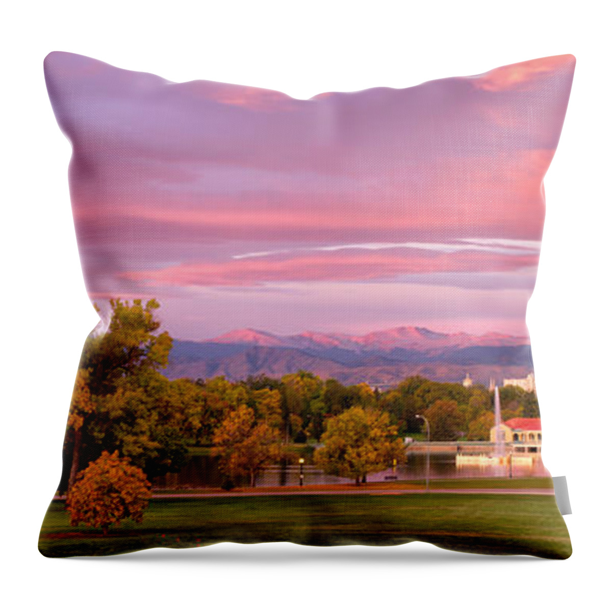 Denver City Park Throw Pillow featuring the photograph Panorama shot of Denver Skyline and City Park at sunrise by Ronda Kimbrow
