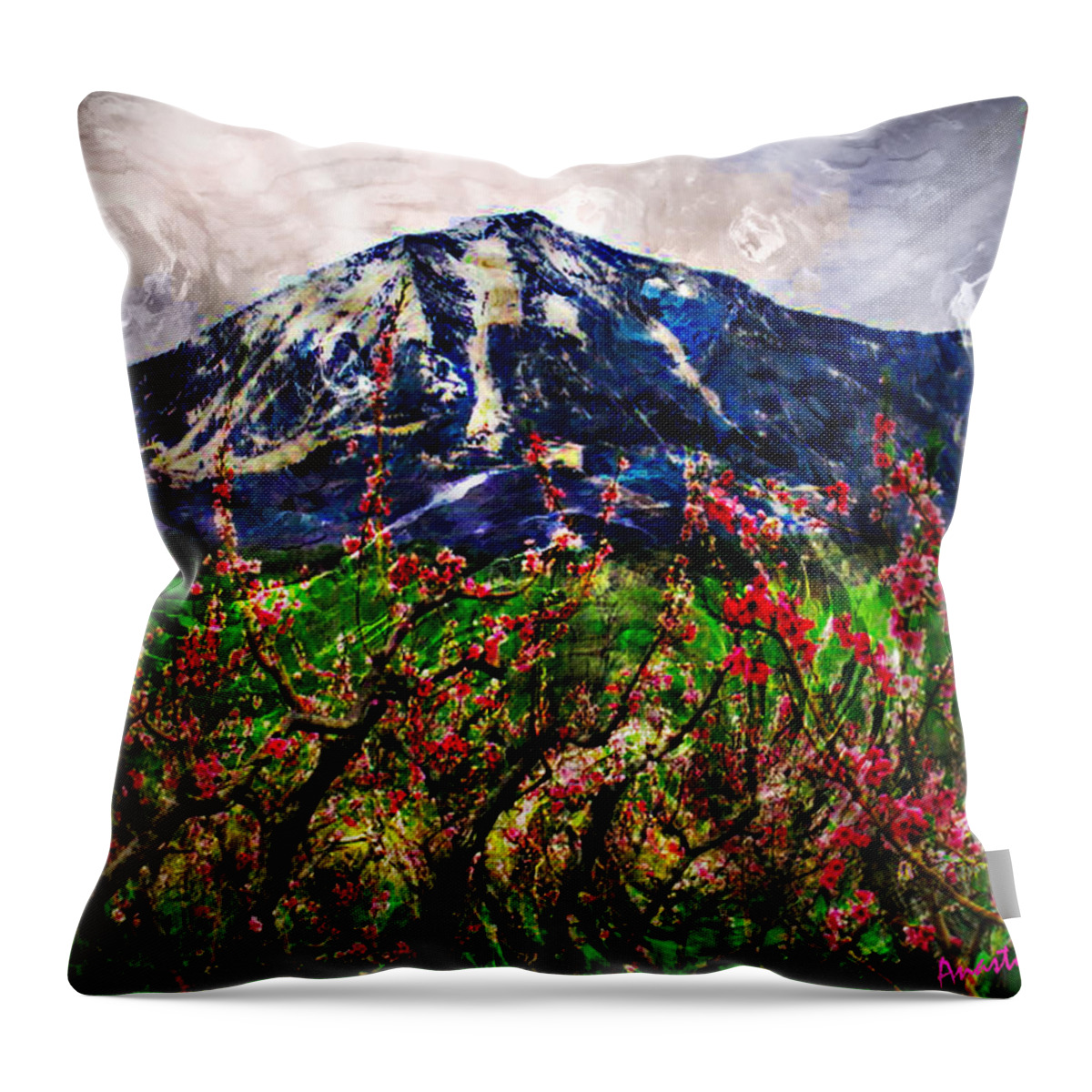 Peach Blossoms Throw Pillow featuring the photograph Paonia Peach Blossoms and Mount Lamborn by Anastasia Savage Ealy