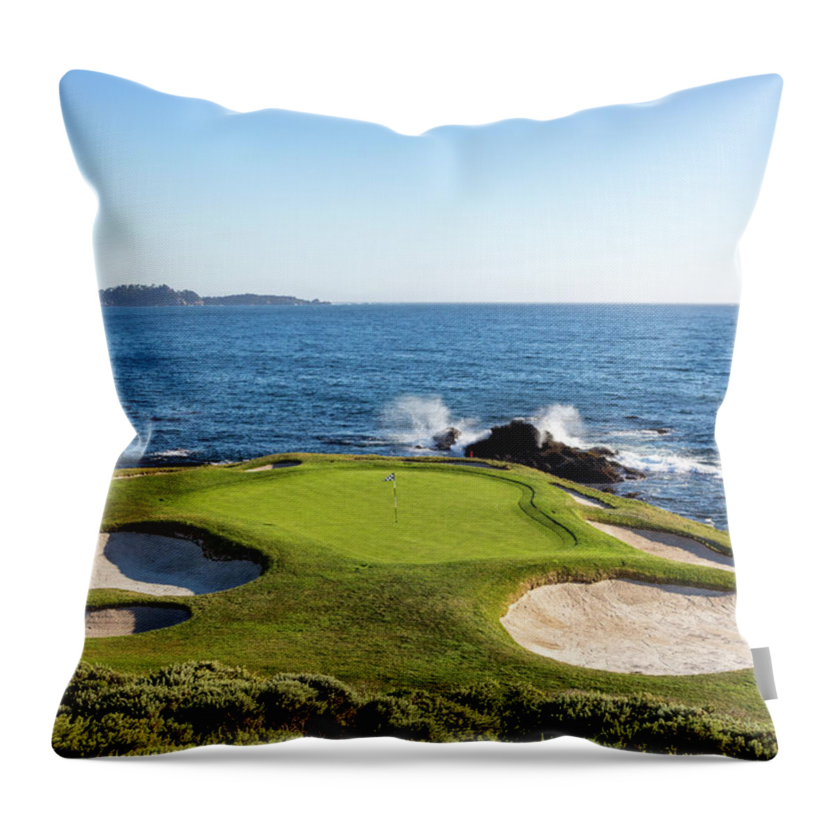 Pebble Beach Golf Course Throw Pillow featuring the photograph Par 3, 7th Hole at Pebble Beach by Mike Centioli