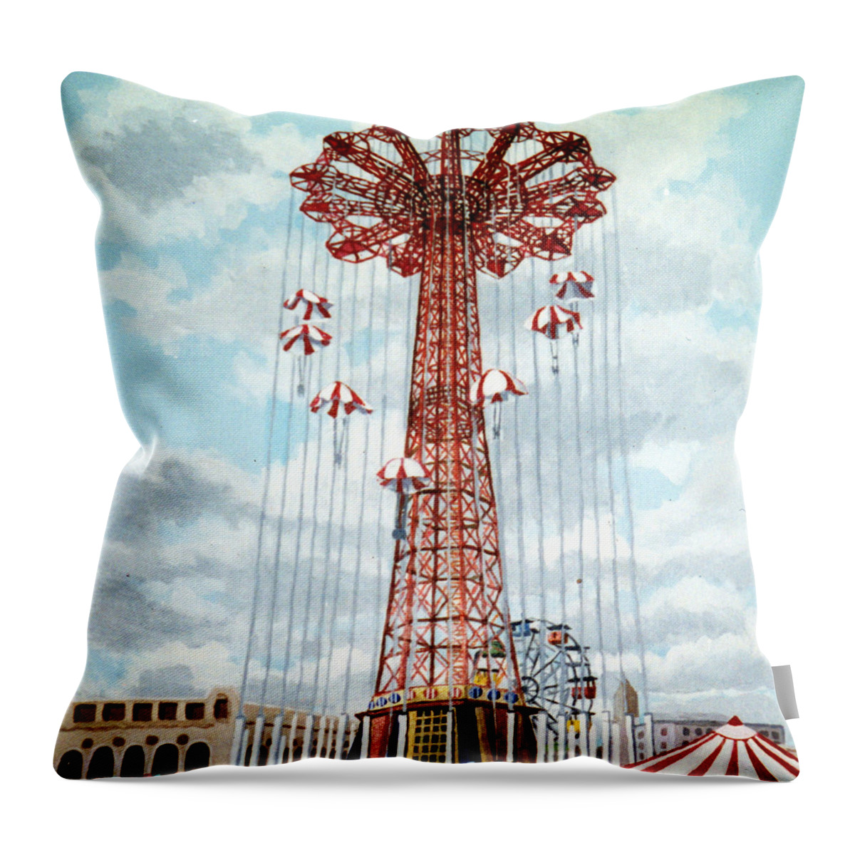 Parachute Jump Throw Pillow featuring the painting Parachute Jump in Coney Island New York by Bonnie Siracusa