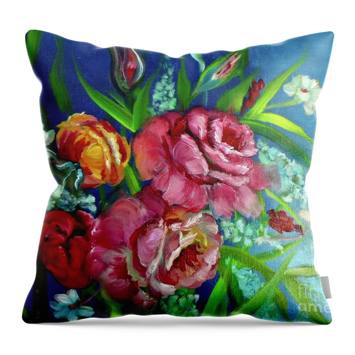 Pink And Red Roses Throw Pillow featuring the painting Parade of Roses 11 by Jenny Lee