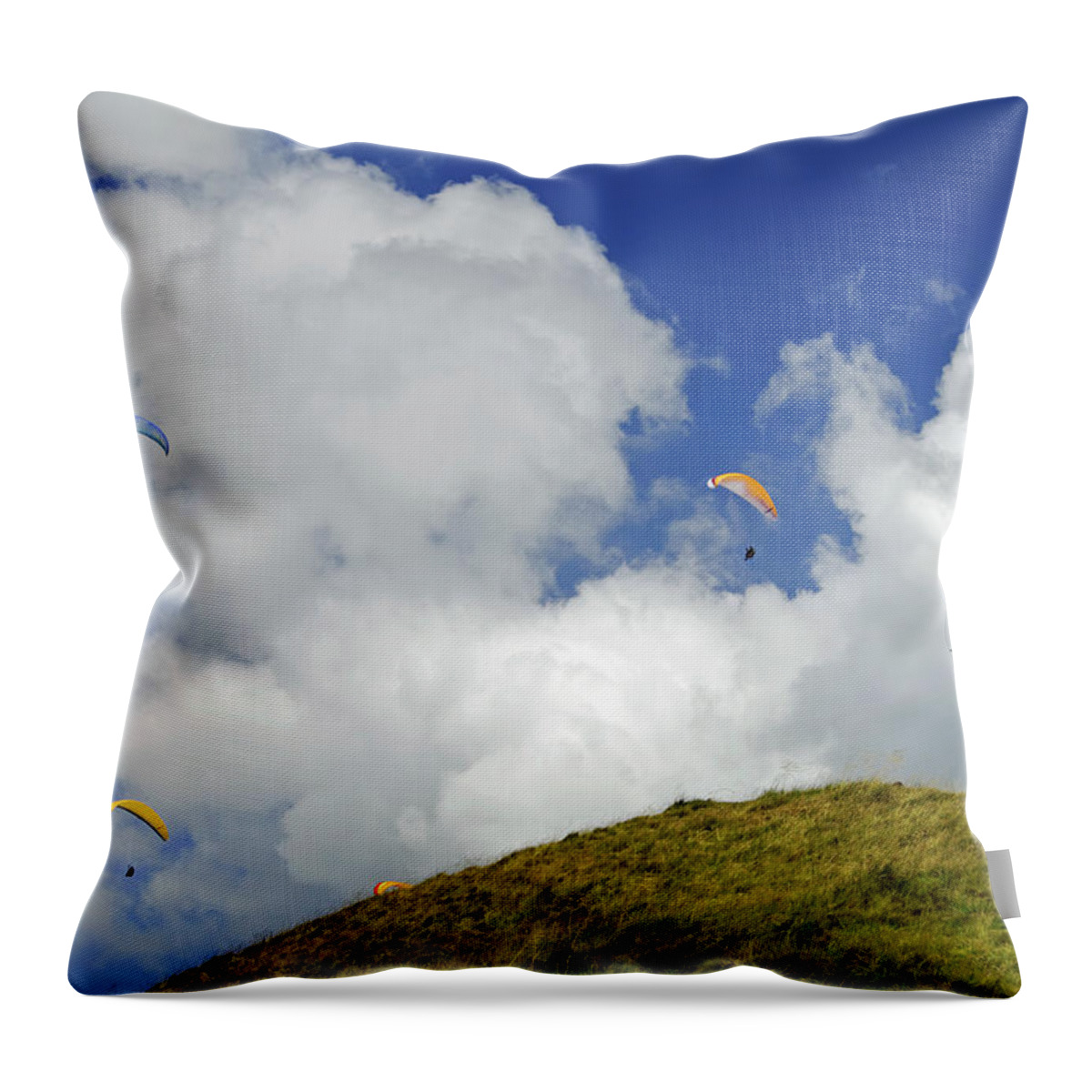 Bright Throw Pillow featuring the photograph Paragliders Above Mam Tor by Rod Johnson
