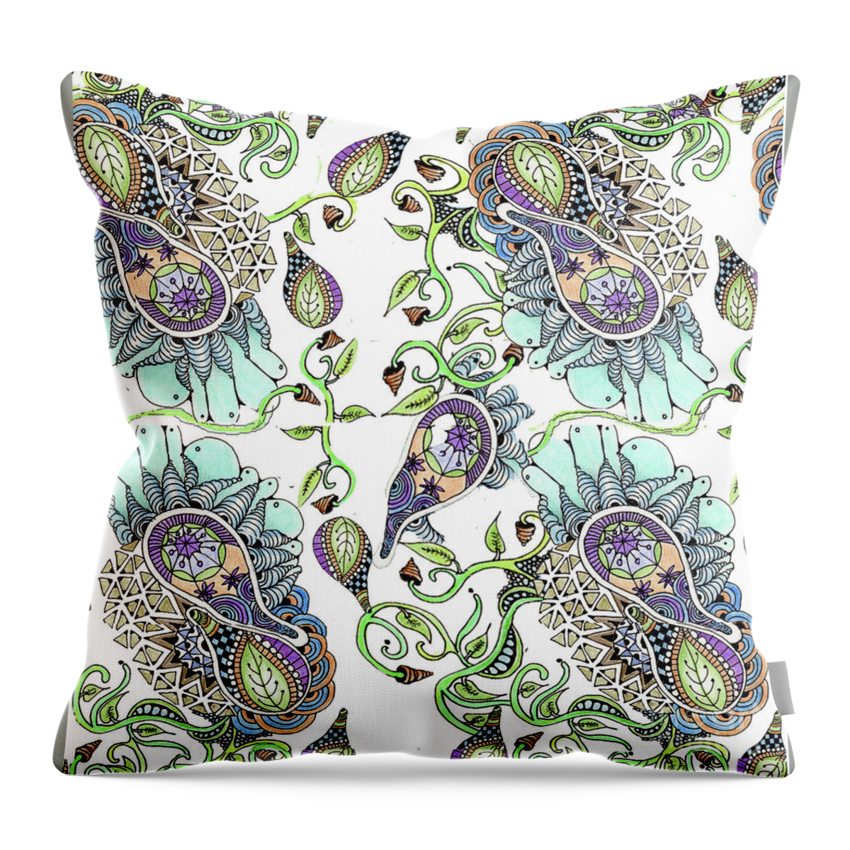 Fabric Patterns Pen And Ink Leaves Zentangles Doodles Purple And Blue Throw Pillow featuring the tapestry - textile Parameecee by Ruth Dailey