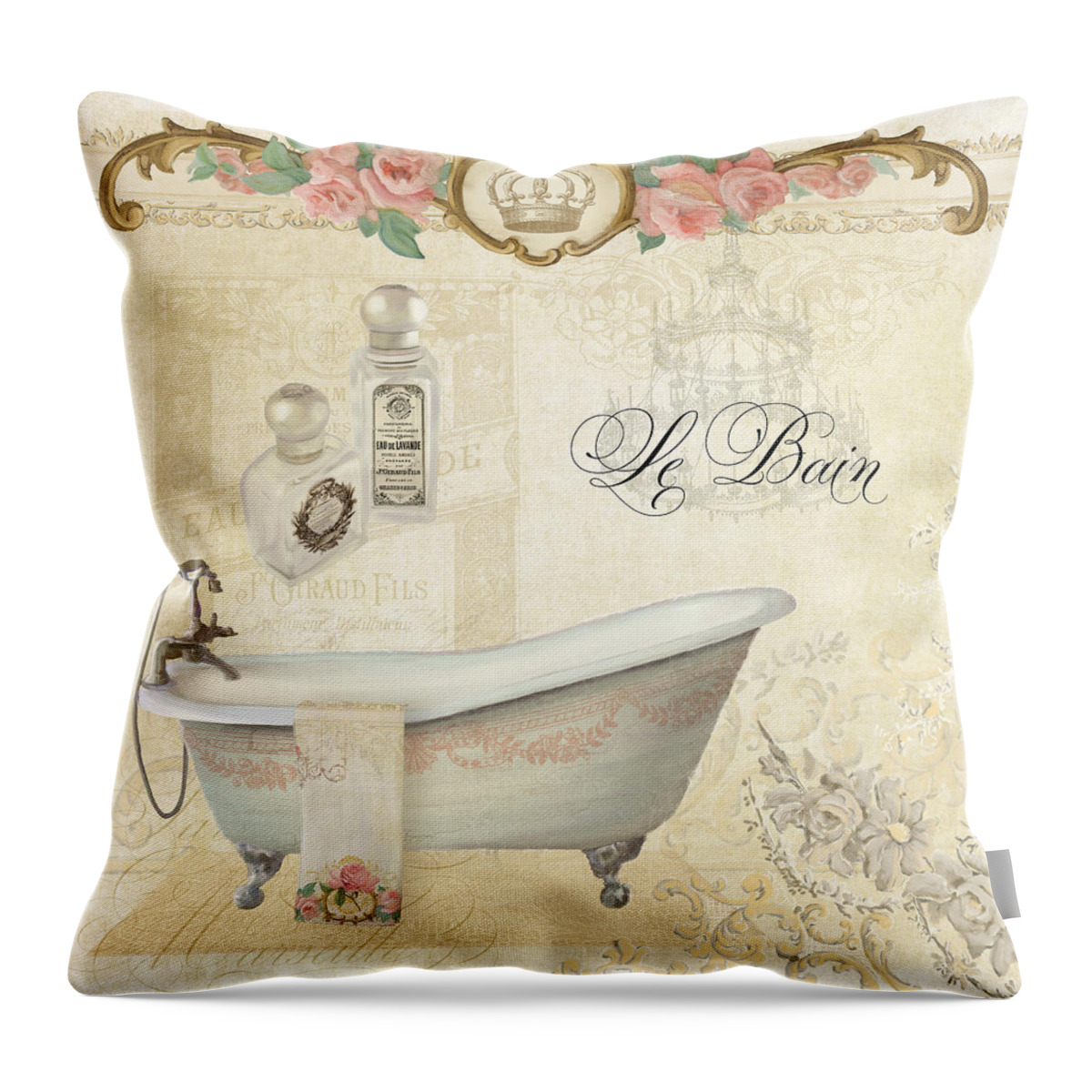Parchment Throw Pillow featuring the painting Parchment Paris - Le Bain or The Bath Chandelier and tub with Roses by Audrey Jeanne Roberts