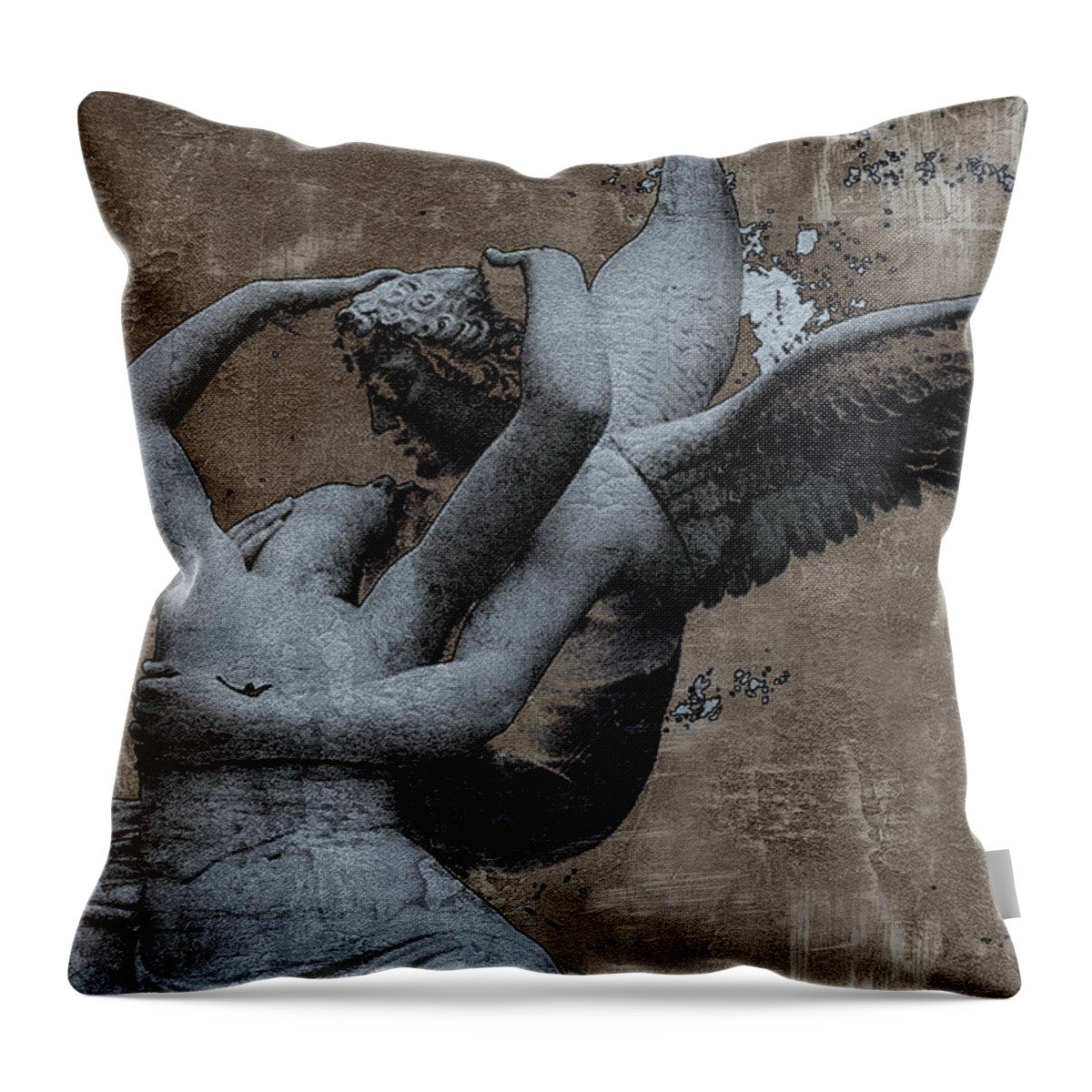 Eros Throw Pillow featuring the photograph Paris Eros and Psyche - Surreal Romantic Angel Louvre  - Eros and Psyche - Cupid and Psyche by Kathy Fornal