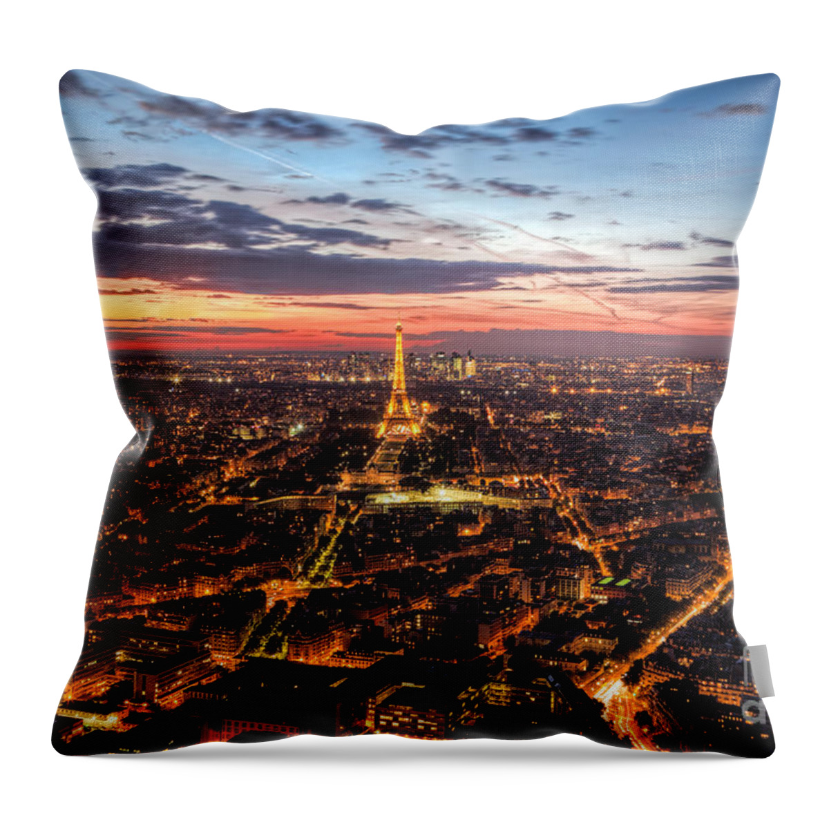 Paris Throw Pillow featuring the photograph Paris, France skyline, panorama at sunset, young night. Eiffel Tower by Michal Bednarek