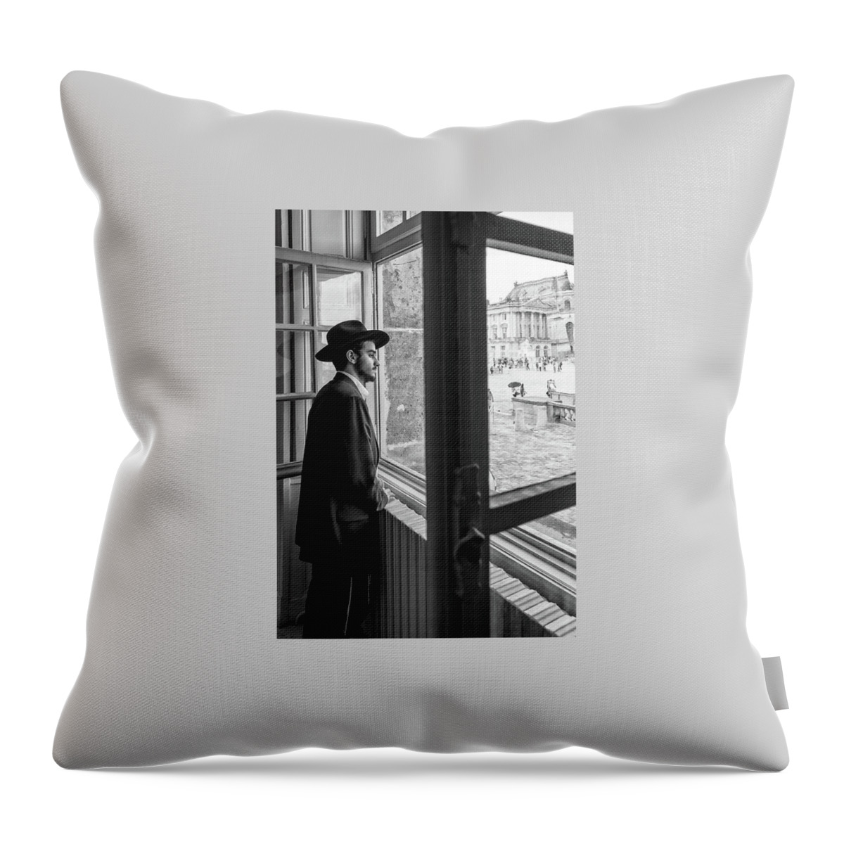 Alone Throw Pillow featuring the photograph Paris Man in Museum by Louis Dallara