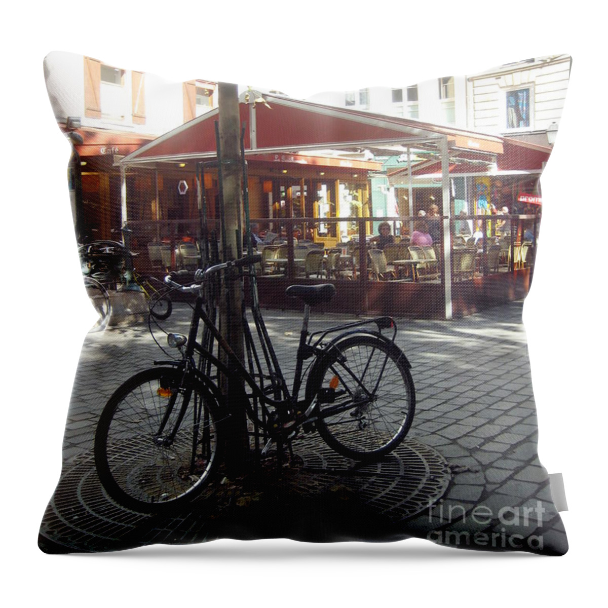 Parisian Style Bicycle At The Cafe By Europe Travel Gallery Throw Pillow featuring the photograph Parisian Bicycle At The Cafe by Europe Travel Gallery