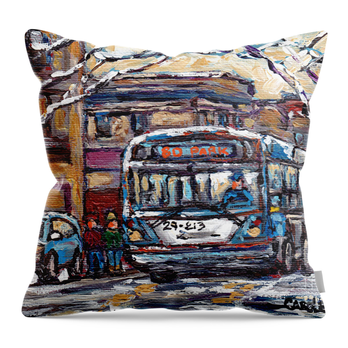 Montreal Bus Throw Pillow featuring the painting Park Avenue Winterscene Paintings For Sale All Aboard The 80 Bus Montreal Art For Sale C Spandau   by Carole Spandau
