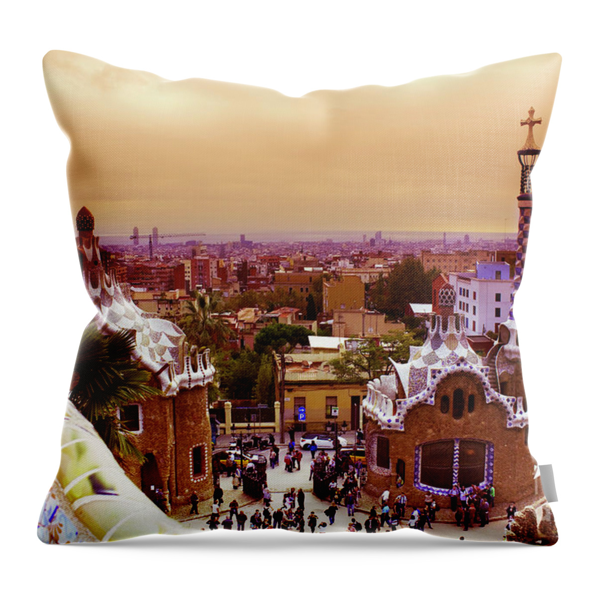 Antonio Gaudi Throw Pillow featuring the photograph Park Guell at Sunset in Barcelona by Anastasy Yarmolovich