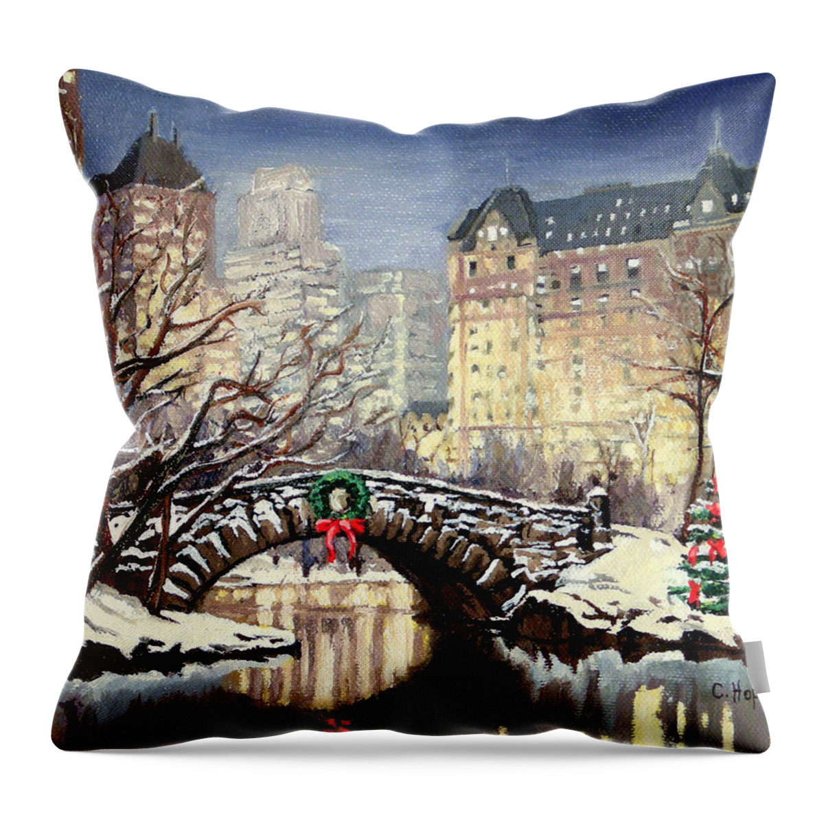 Christine Hopkins Throw Pillow featuring the painting Park Plaza Central Park - New York City by Christine Hopkins