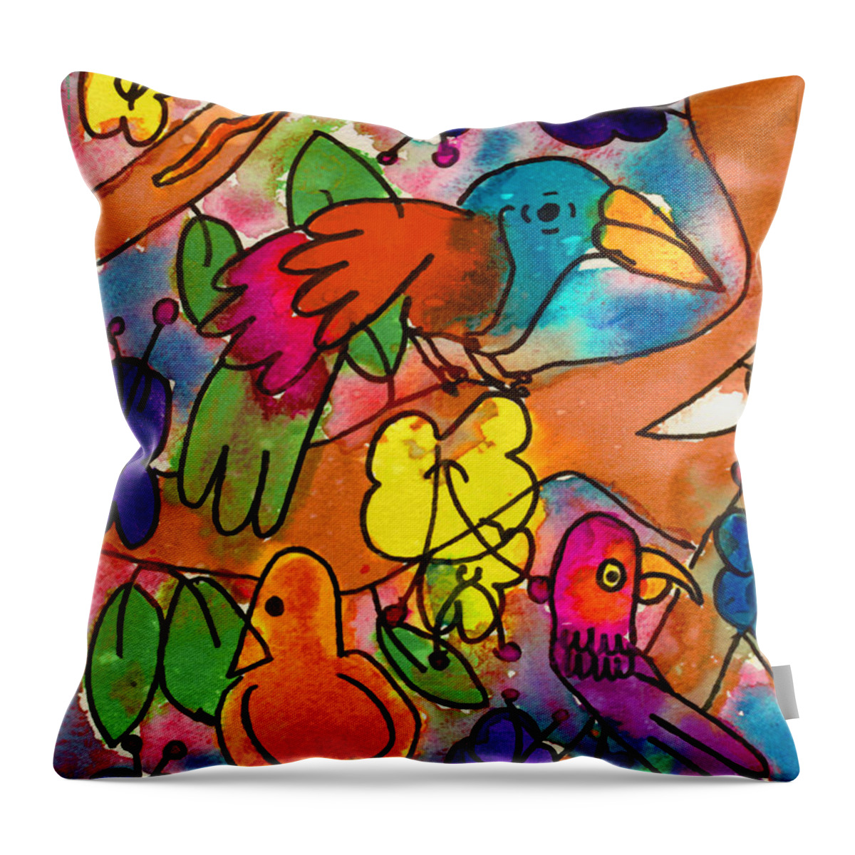 Birds Throw Pillow featuring the painting Parrots by Nick Abrams Age Nine