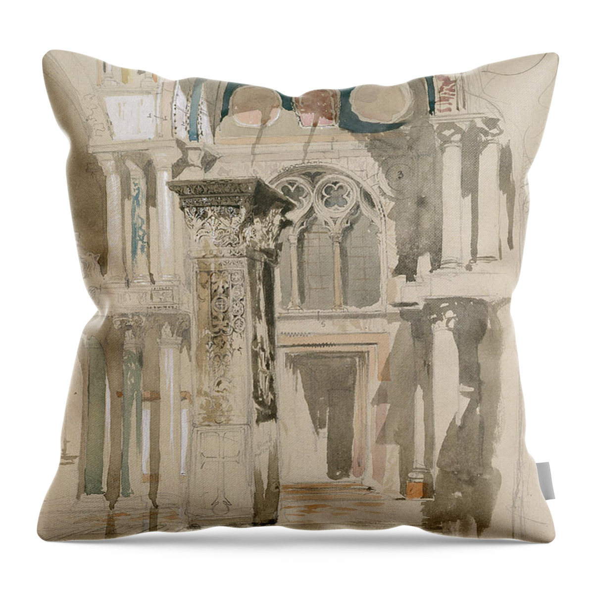 Ruskin Throw Pillow featuring the painting Part of Saint Mark's Basilica, Venice Sketch after Rain by John Ruskin