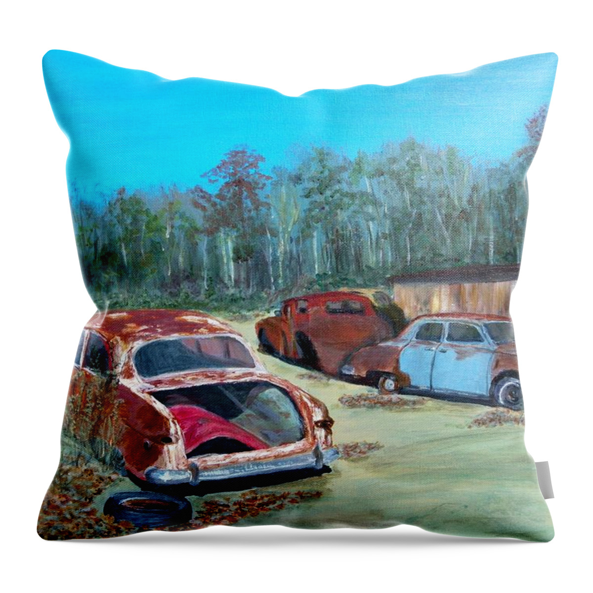 Old Cars Throw Pillow featuring the painting Passions Past Tense by Peggy King