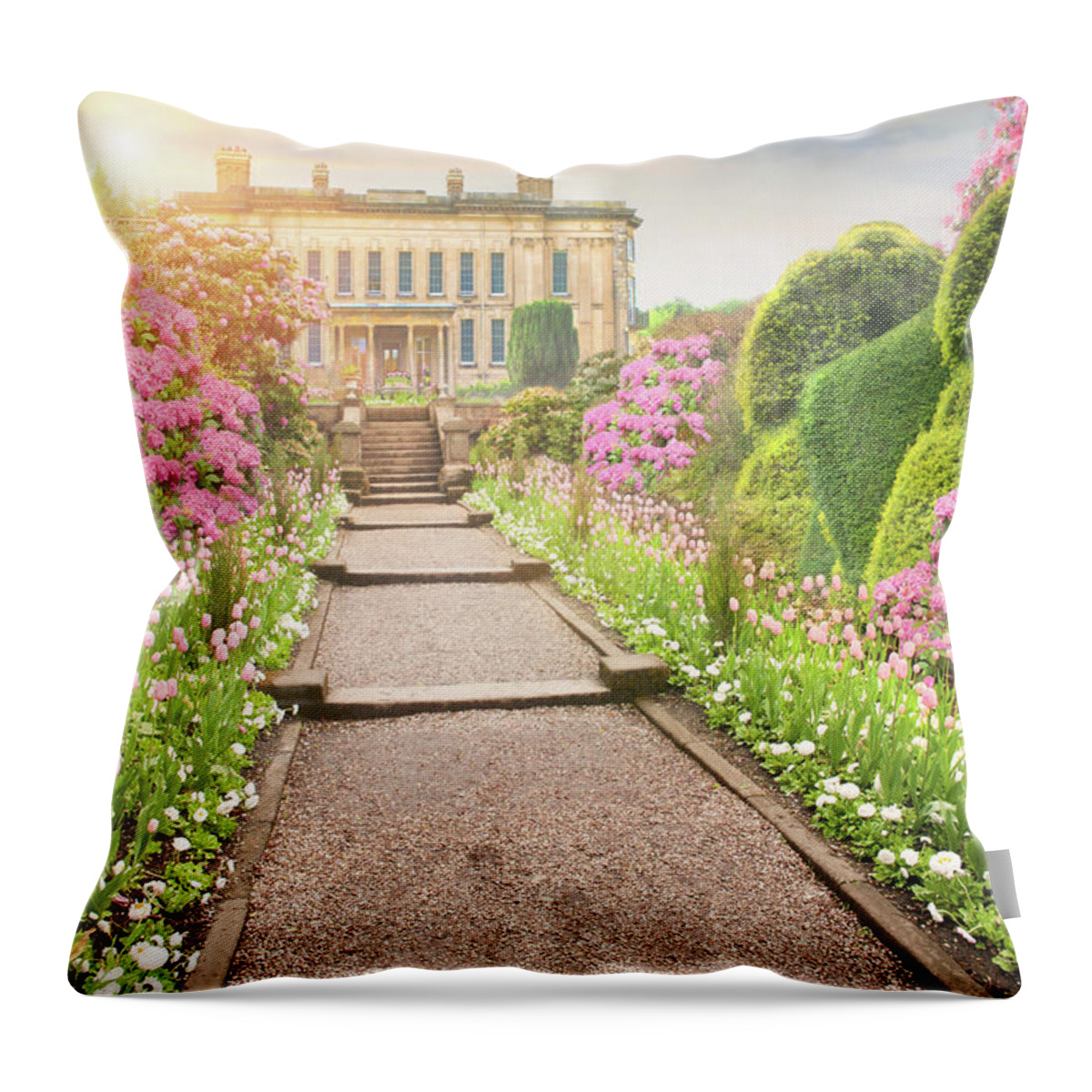 Mansion Throw Pillow featuring the photograph Pathway To The Mansion Through Tulips At Sunset by Lee Avison