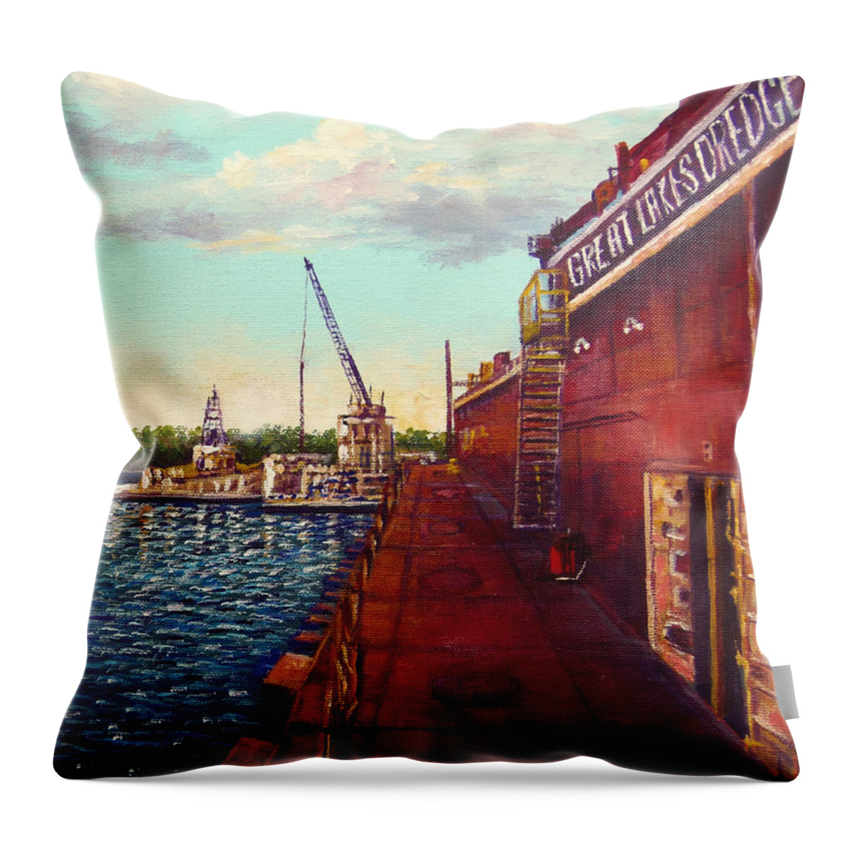 Oil Rig Throw Pillow featuring the painting Pauls Work Place by Lou Ann Bagnall