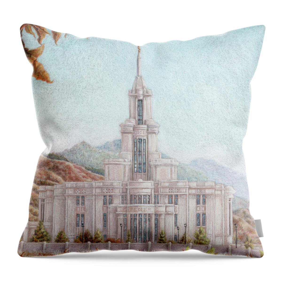 Lds Throw Pillow featuring the drawing Payson UT LDS Temple by Pris Hardy