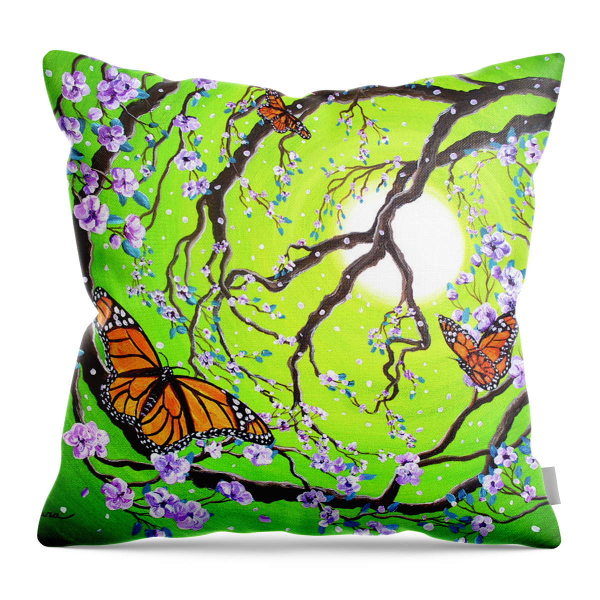 Zen Throw Pillow featuring the painting Peace Tree with Monarch Butterflies by Laura Iverson