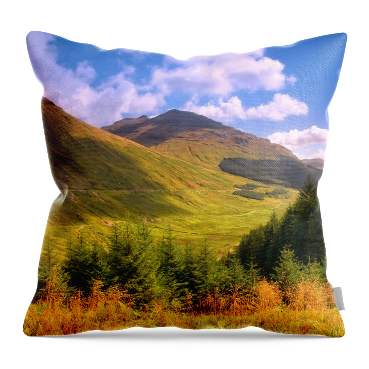 Scotland; Mountains; Rest And Be Thankful; Nature; Landscape; Bright Light; Light; Sun; Sunny; Warm Weather; Sky; Clouds; Scenery; Forest; Trees; Tranquility; Grass; Autumn; Summer; Beauty; Beautiful Nature; Fine Weather; Colorful; Colors; Shadow; Fine Art; Fine Art Photography; Artistic; Blesses Throw Pillow featuring the photograph Peaceful Sunny Day in Mountains. Rest and Be Thankful. Scotland by Jenny Rainbow