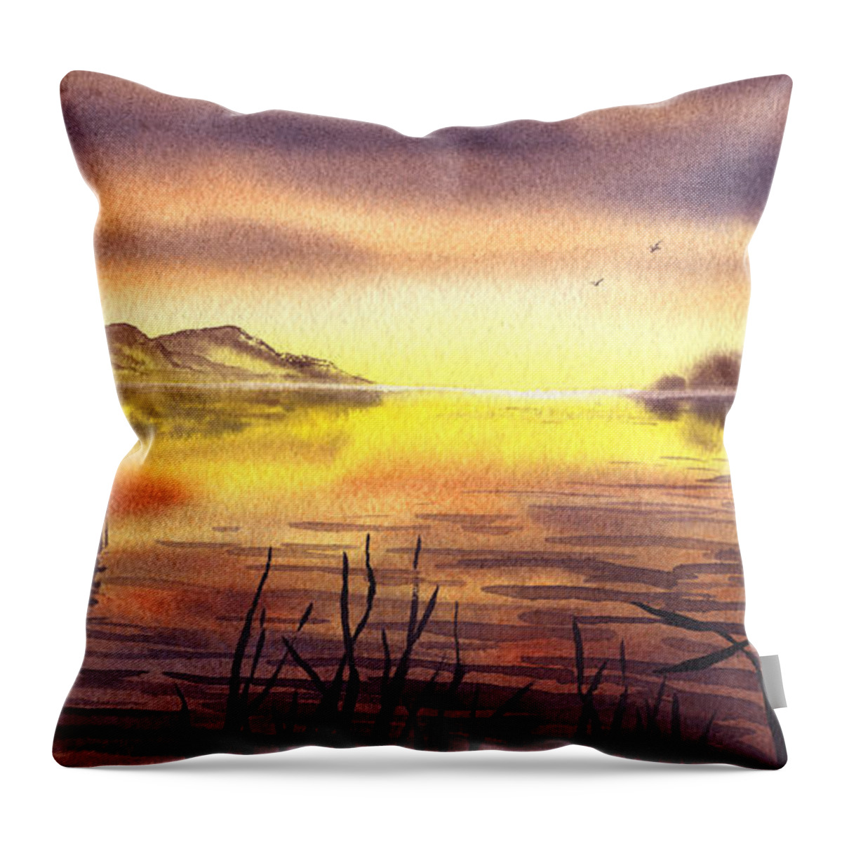 Peaceful Sunset At The Lake Throw Pillow featuring the painting Peaceful Sunset At The Lake by Irina Sztukowski