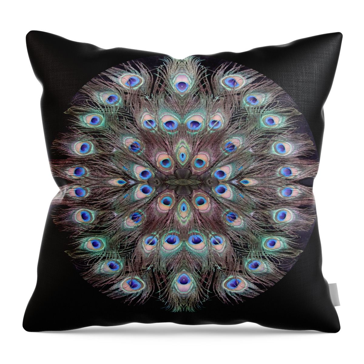 Mandala Throw Pillow featuring the digital art Peacock Eye Kaleidoscope by Julia L Wright