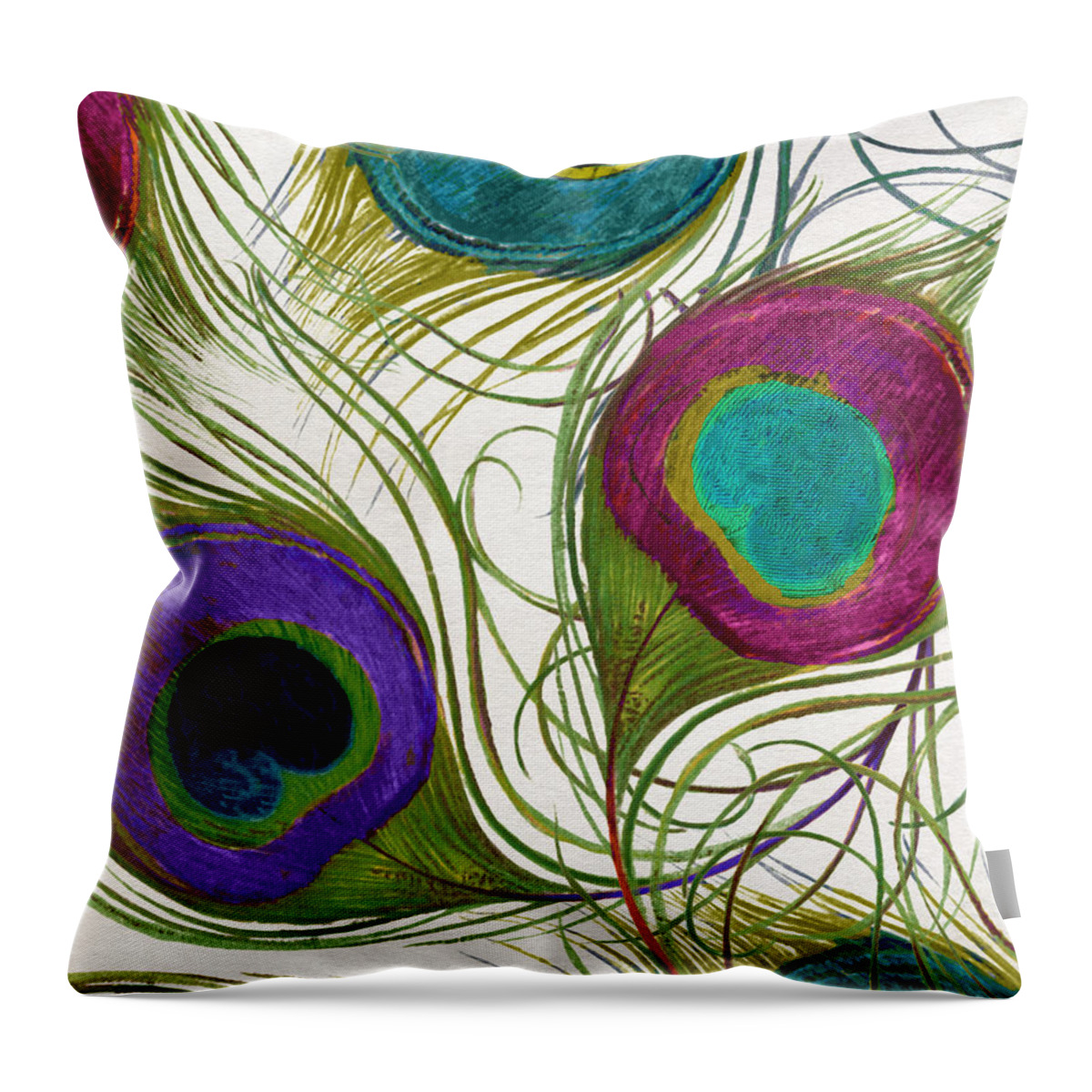 Peacock Feathers Throw Pillow featuring the painting Peacock Feathers by Mindy Sommers