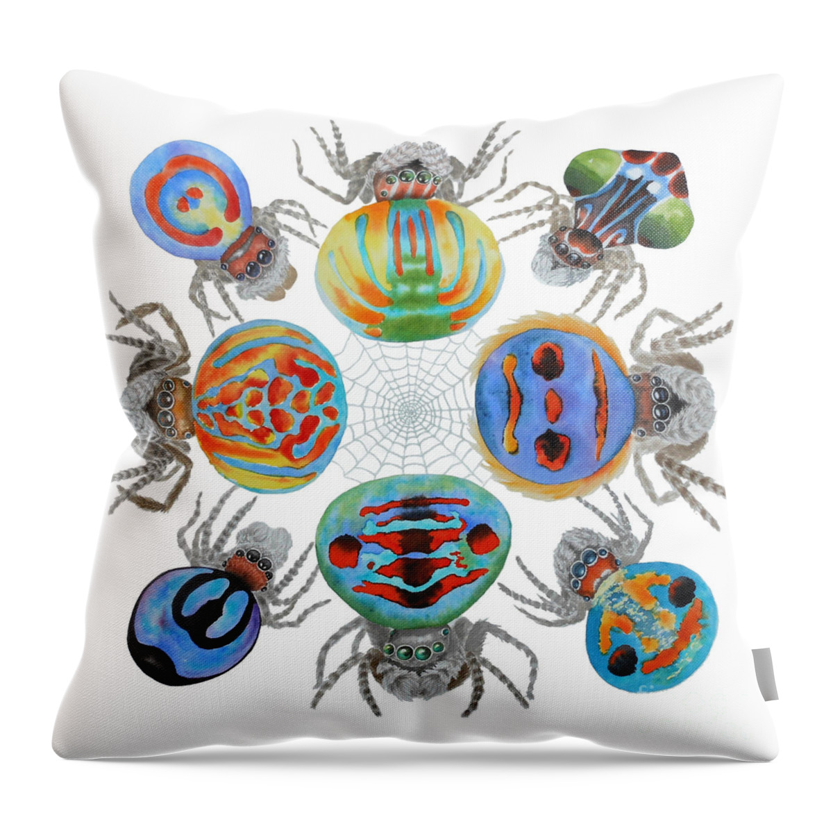 Peacock Spider Throw Pillow featuring the painting Toxic Tango II Peacock Spiders by Lucy Arnold